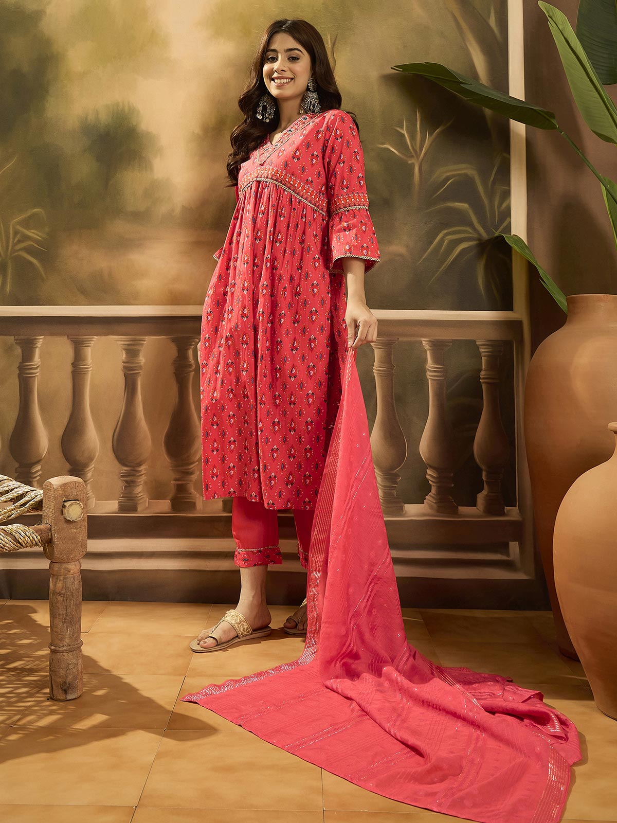 Women Ethnic Motifs Printed Cotton Kurta with Trousers & Dupatta