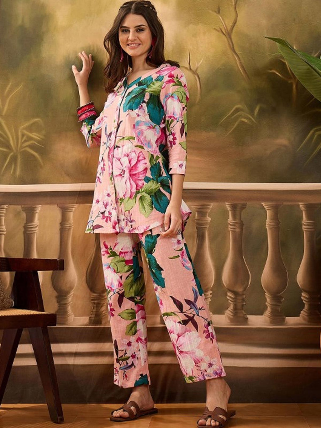 Floral Printed V Neck Pure Cotton Top & Trousers