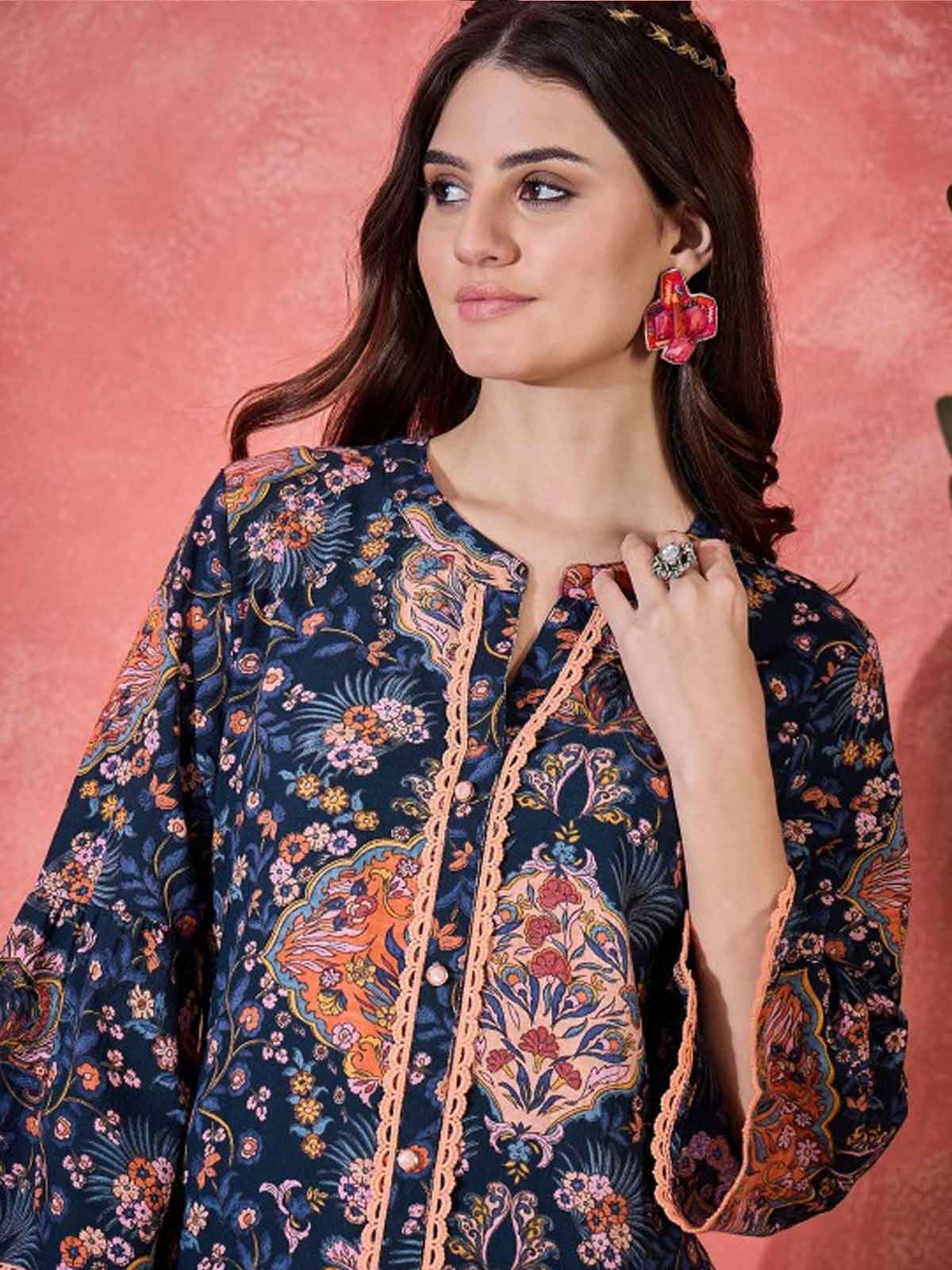 Floral Printed Mandarin Collar Pure Cotton Tunic & Trouser