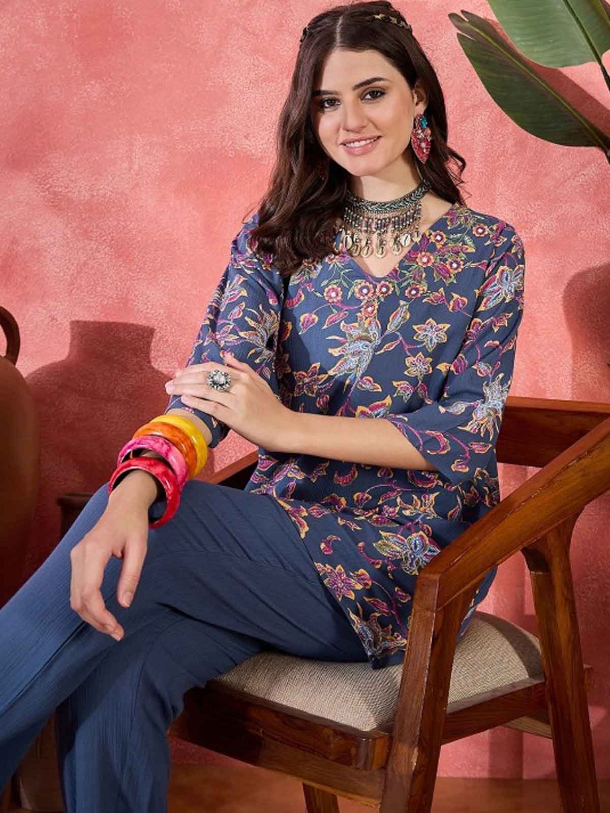 Floral Printed V-Neck Tunic & Trousers