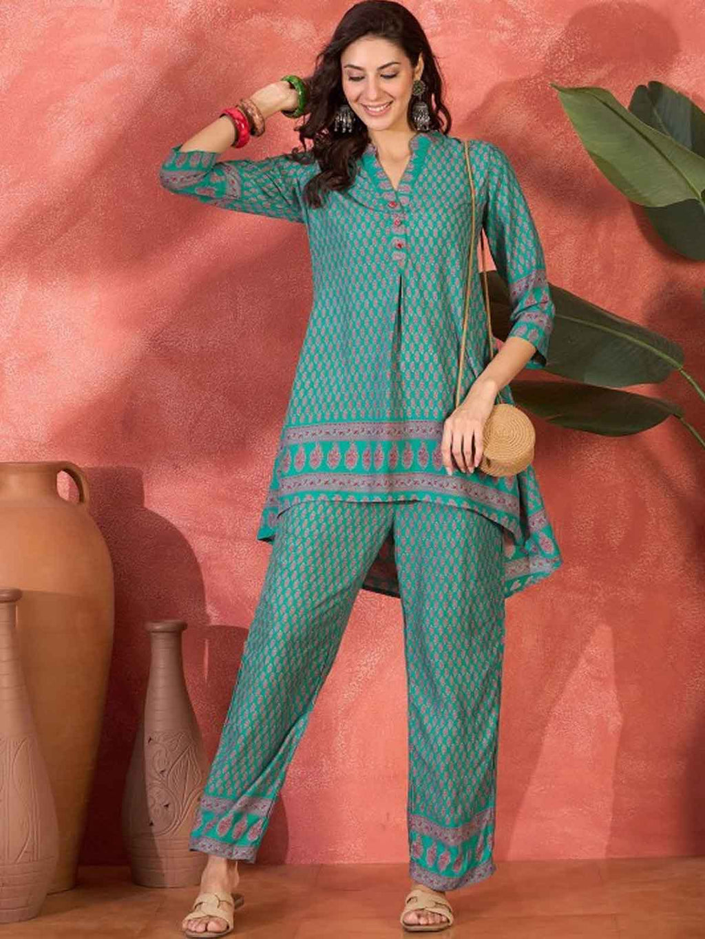 Floral Printed Mandarin Collar Tunic & Trouser
