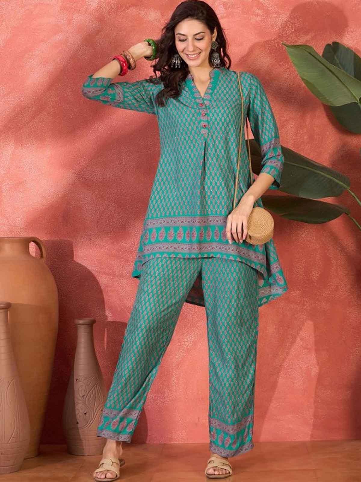 Floral Printed Mandarin Collar Tunic & Trouser