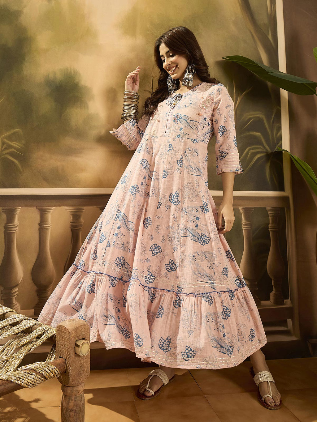 Women Floral Print Slit Sleeve Ruffled A-Line Dress
