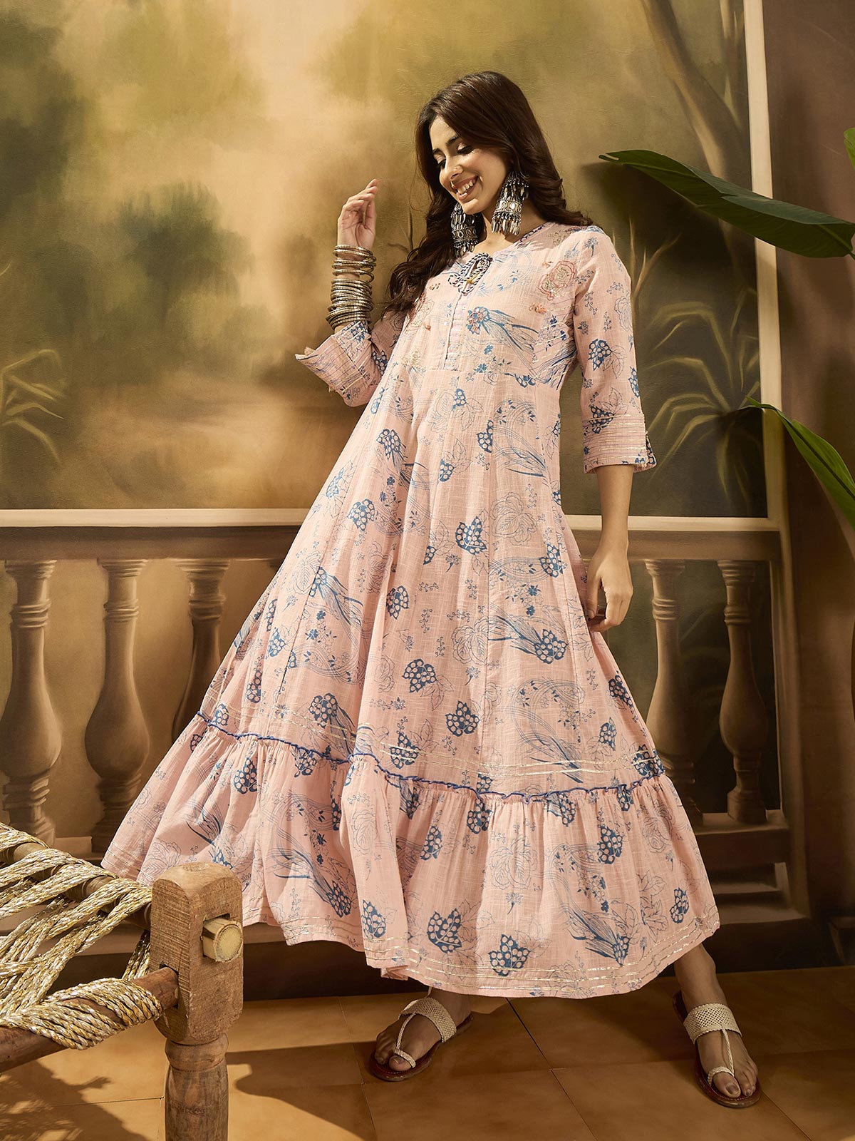 Women Floral Print Slit Sleeve Ruffled A-Line Dress