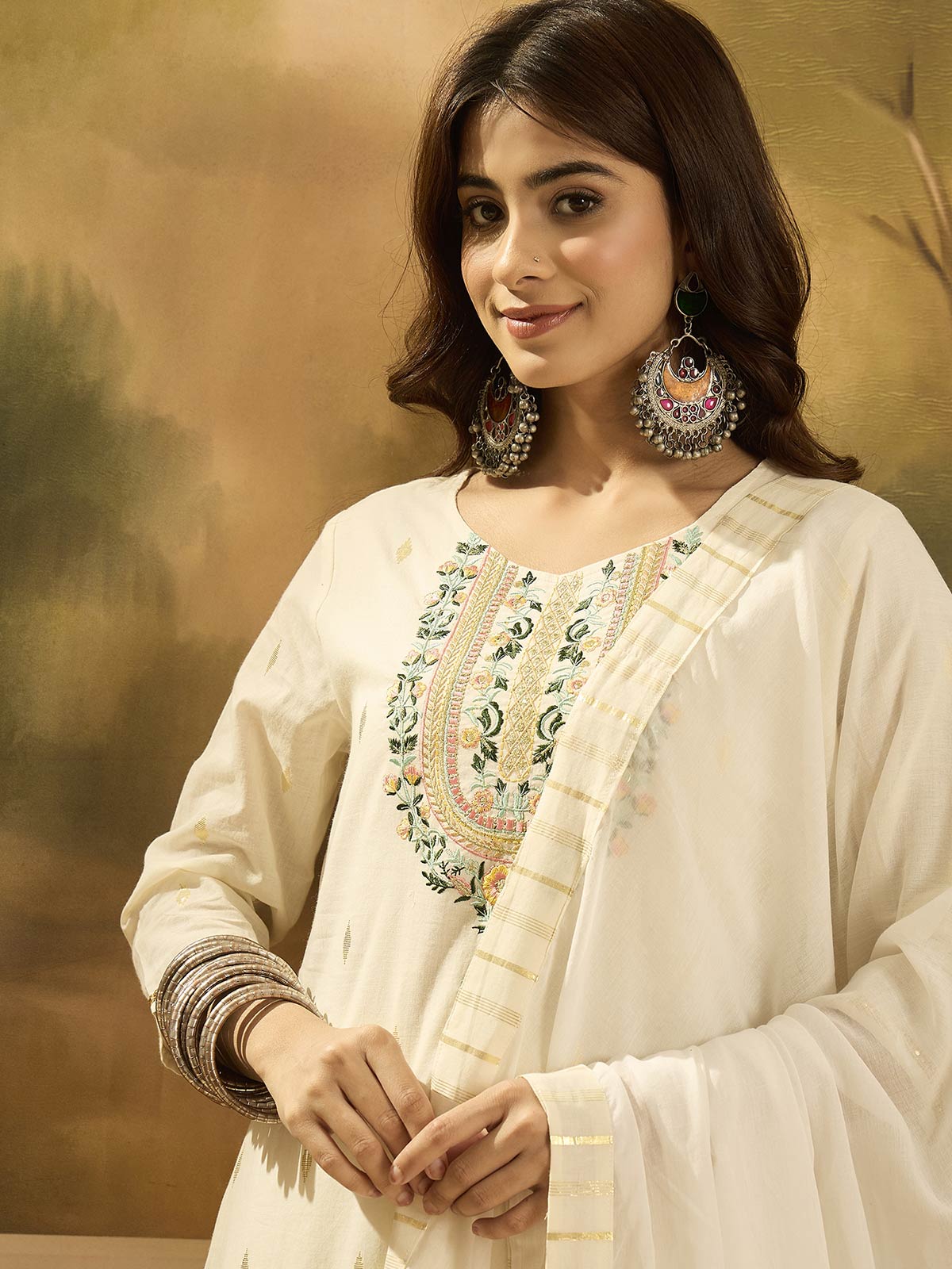 Women Solid Embroidered Cotton Kurta with Trousers & Dupatta