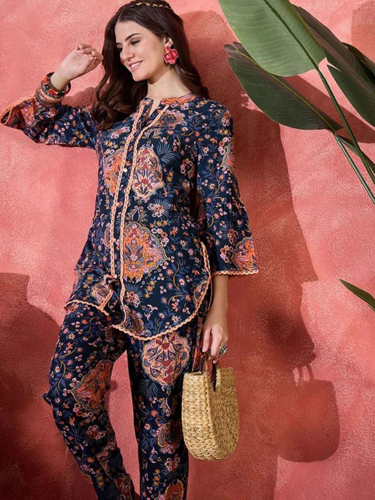Floral Printed Mandarin Collar Pure Cotton Tunic & Trouser