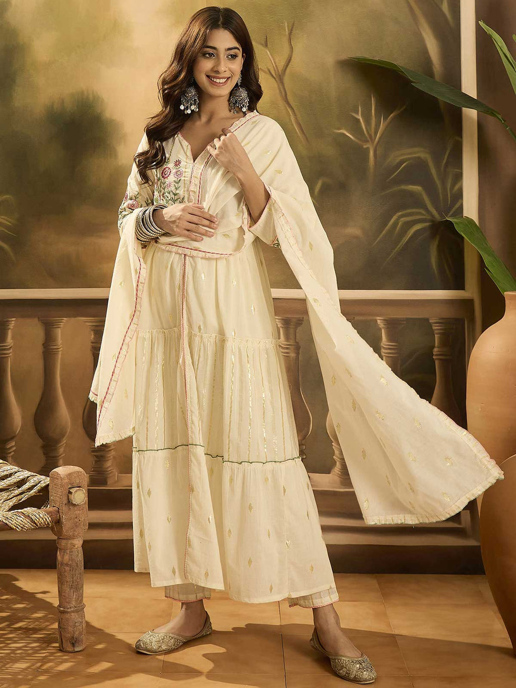 Women Floral Embroidered Cotton Kurta with Trousers & Dupatta