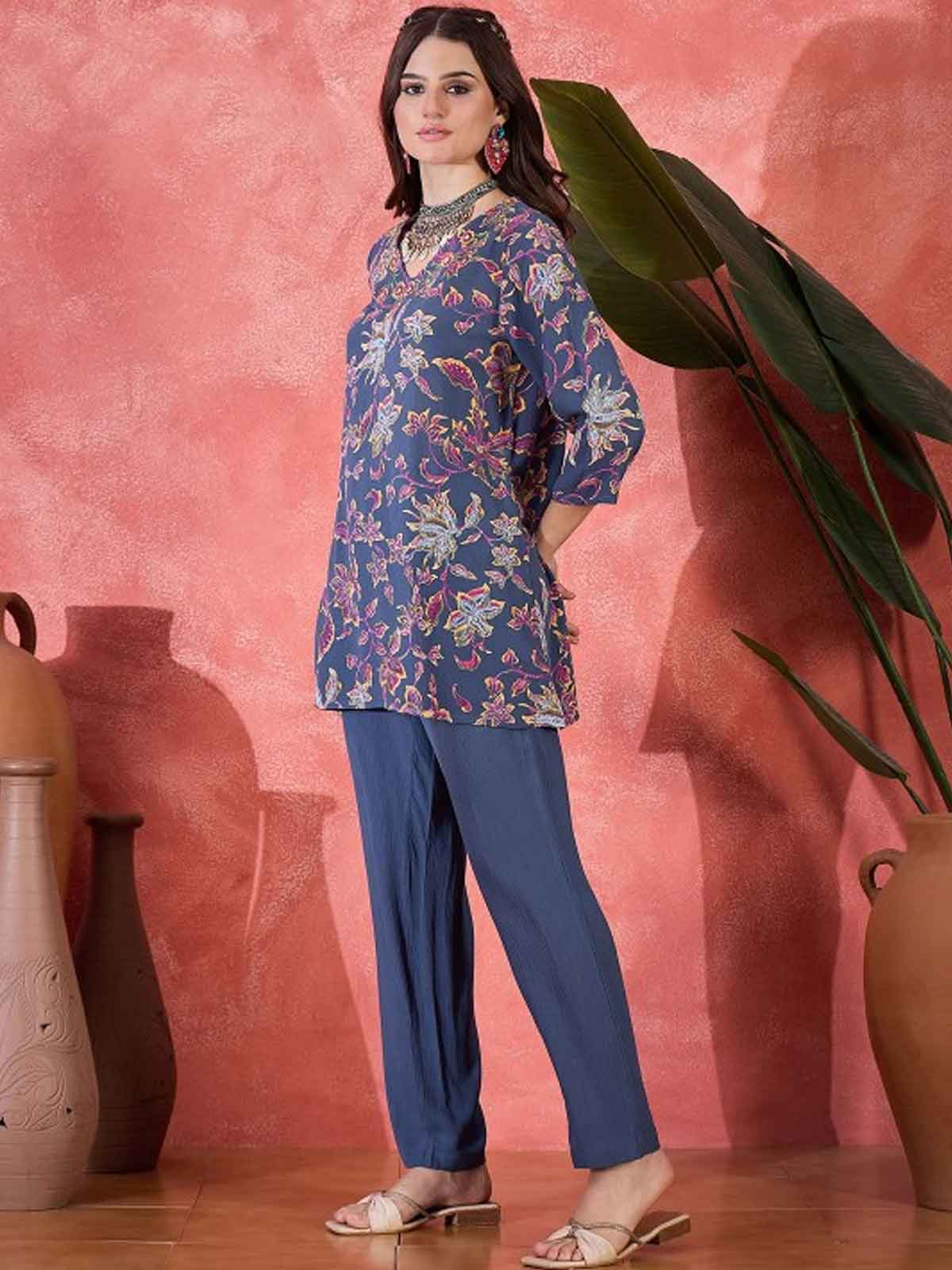 Floral Printed V-Neck Tunic & Trousers
