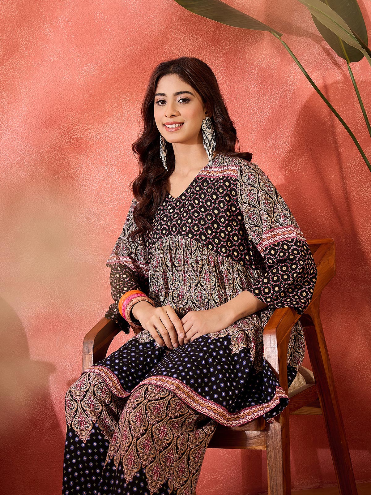 Printed V-Neck Top With Trouser Co-Ords