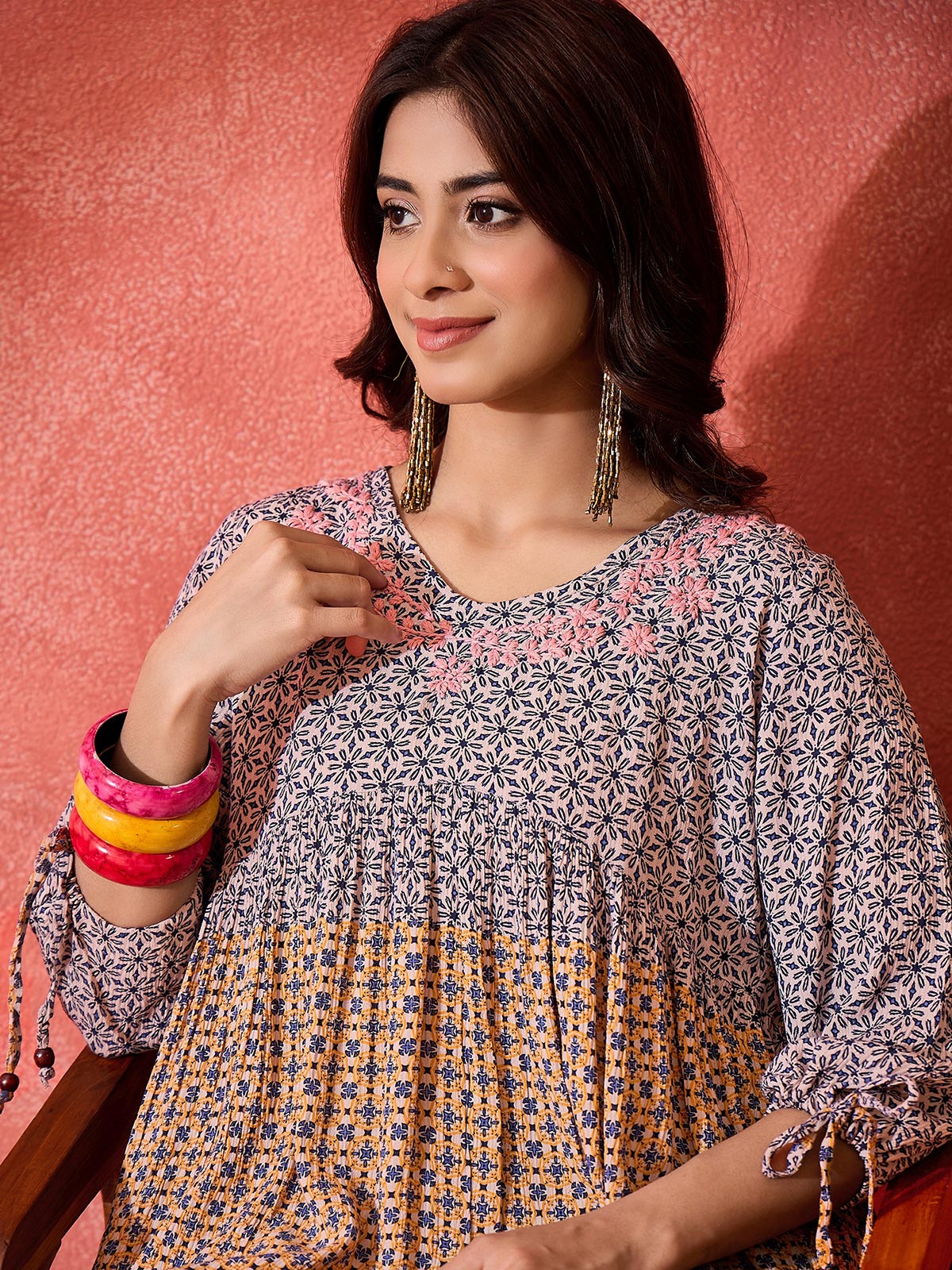 Embroidered V-Neck Tunic & Trousers Co-Ords