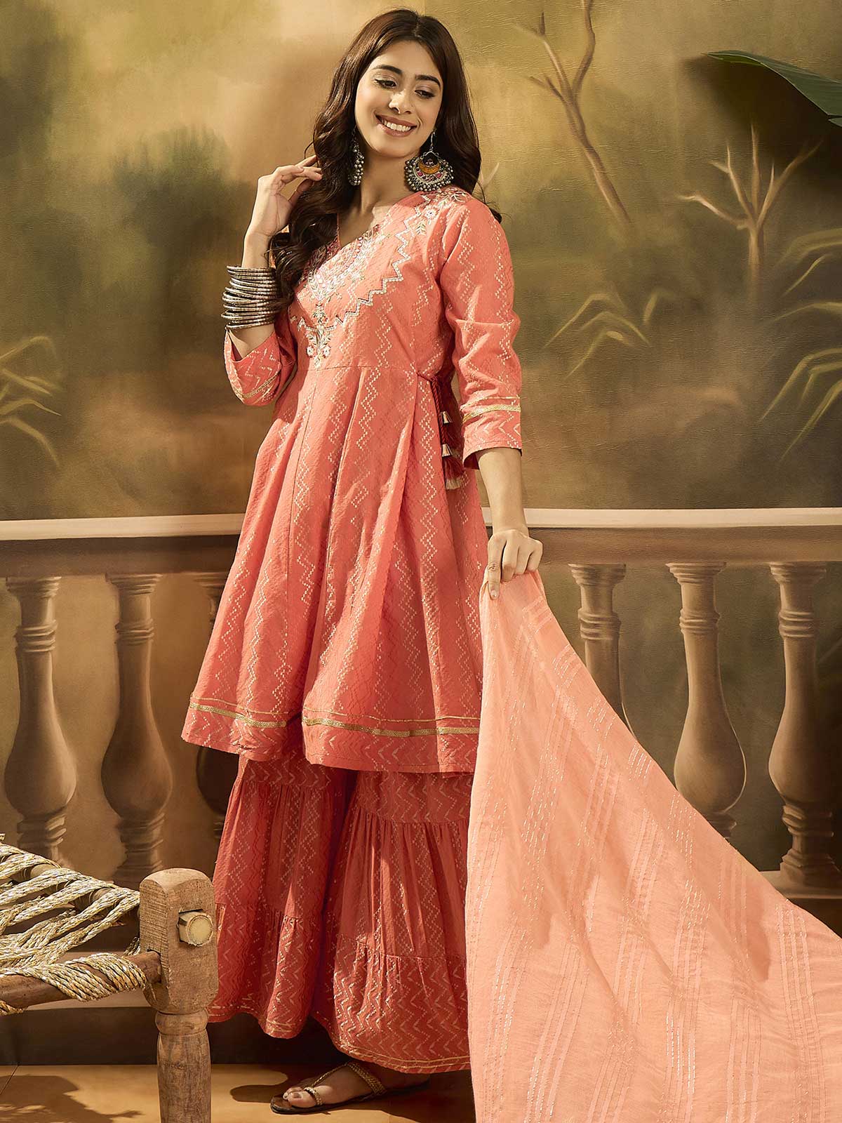 Women Ethnic Motifs Embroidered Cotton Kurta with Sharara & Dupatta