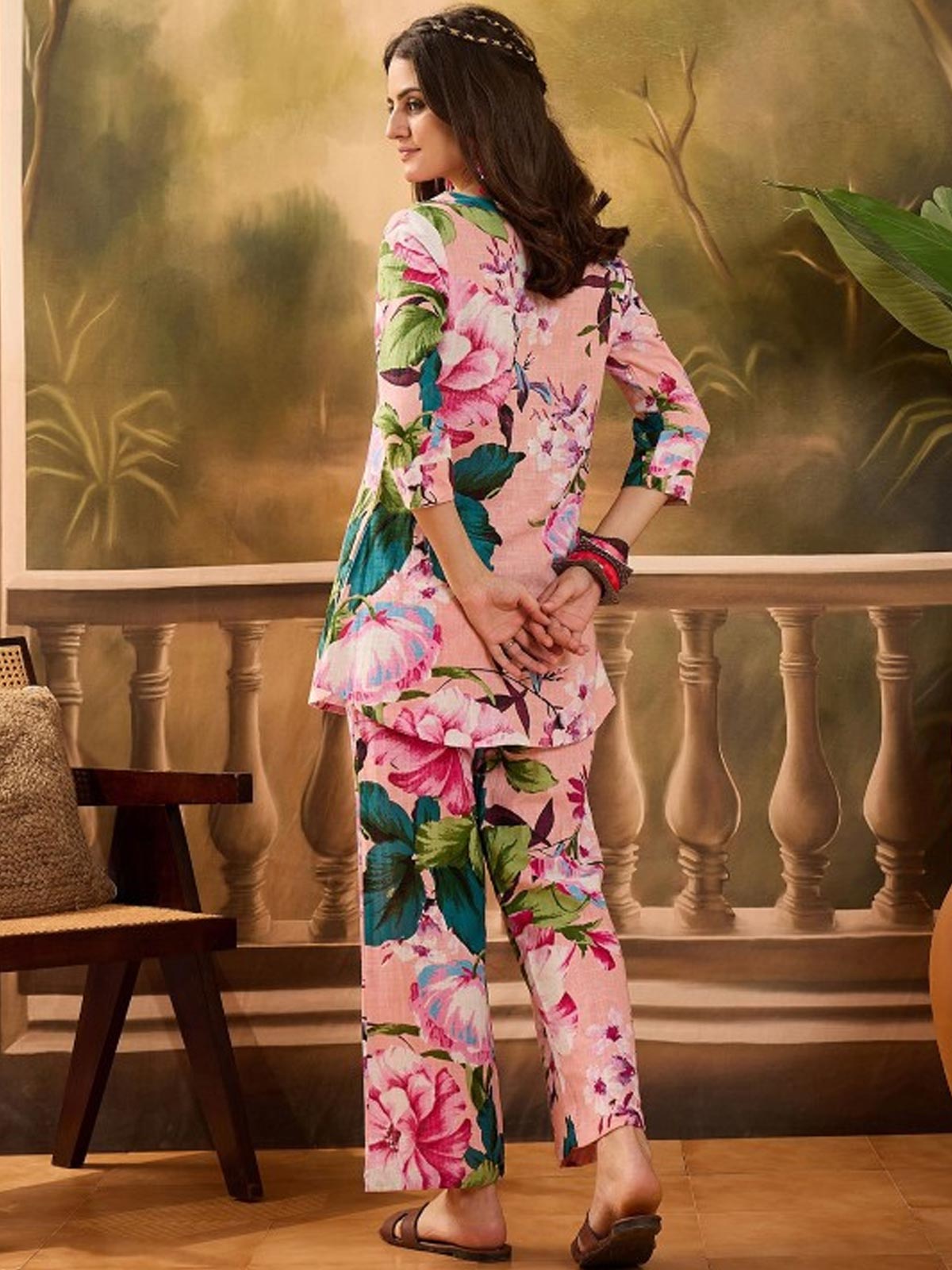 Floral Printed V Neck Pure Cotton Top & Trousers