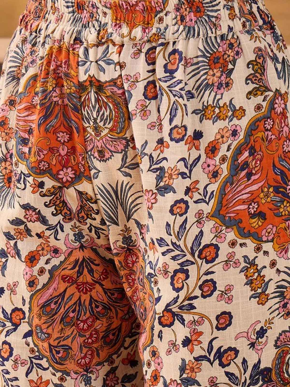 Floral Printed Mandarin Collar Pure Cotton Tunic & Trouser
