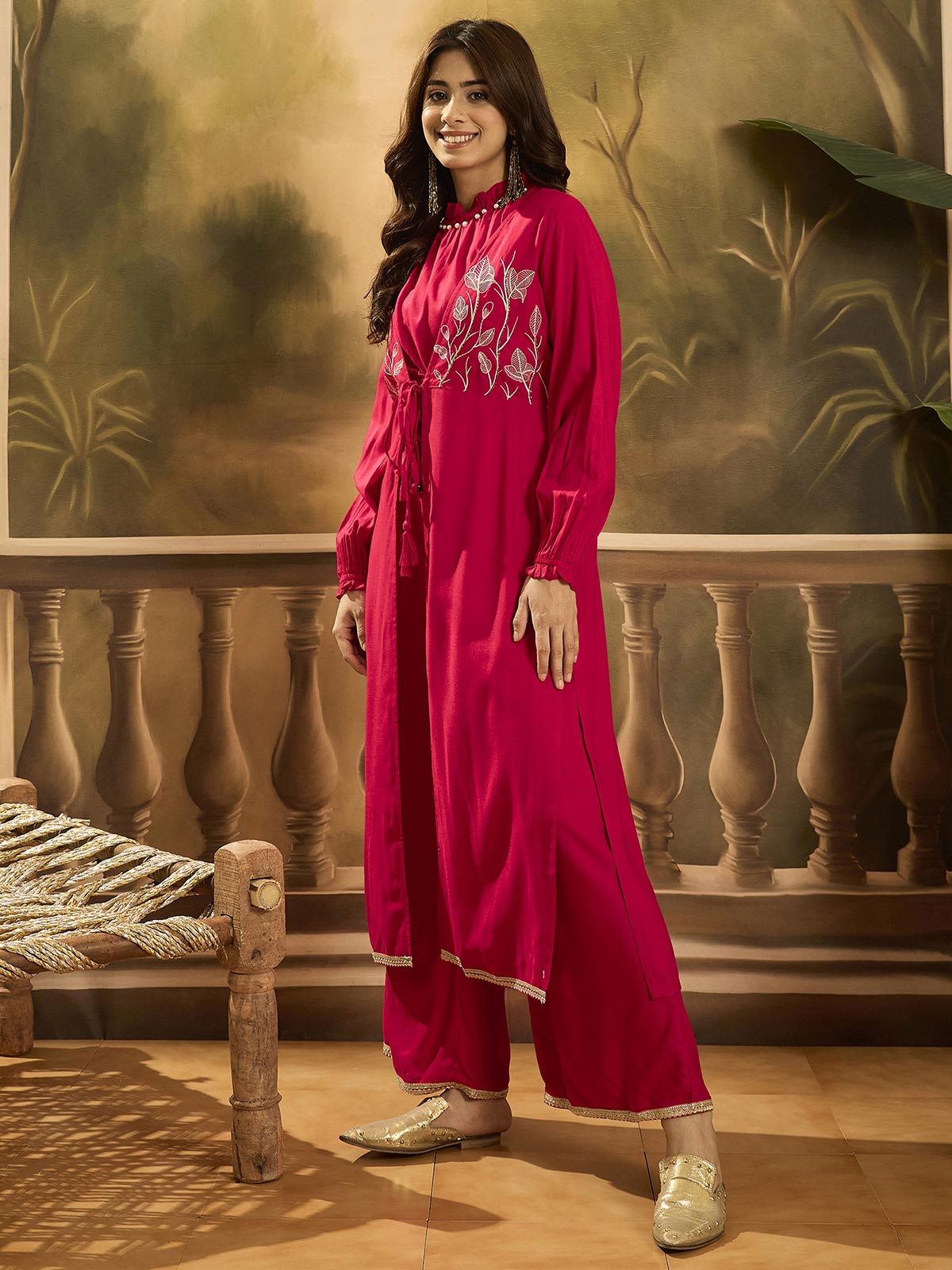 Embroidered Shrug Crop Top With Palazzos Co-Ords