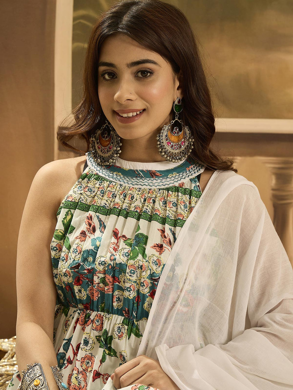 Women Floral Printed Cotton Kurta with Dhoti Pant & Dupatta