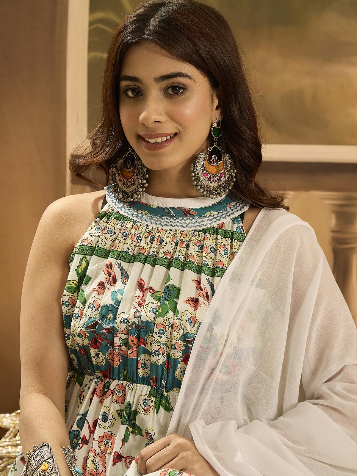 Women Floral Printed Cotton Kurta with Dhoti Pant & Dupatta