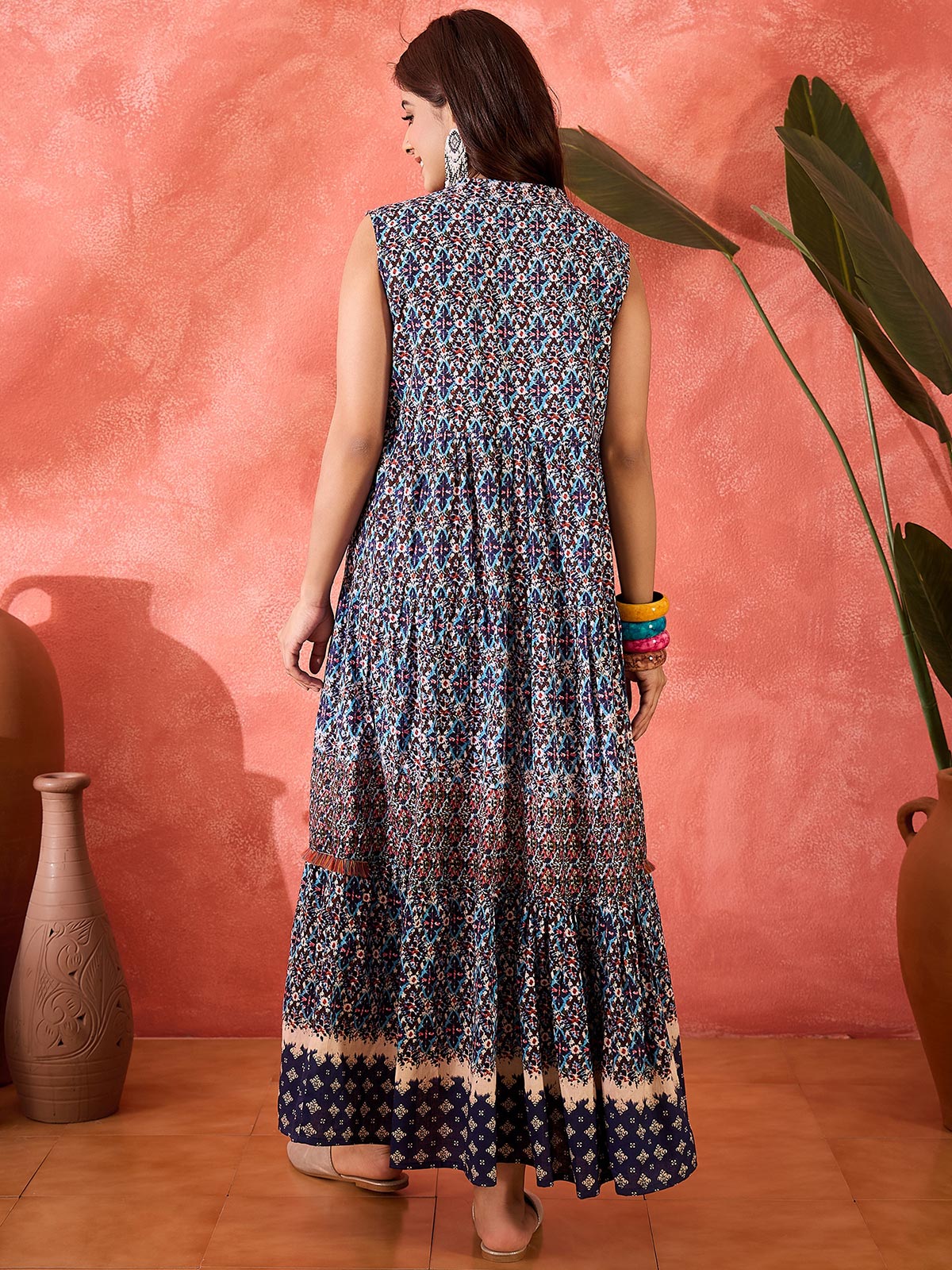 Women Tropical Printed Lace Inserts Cotton Fit and Flare Maxi Dress