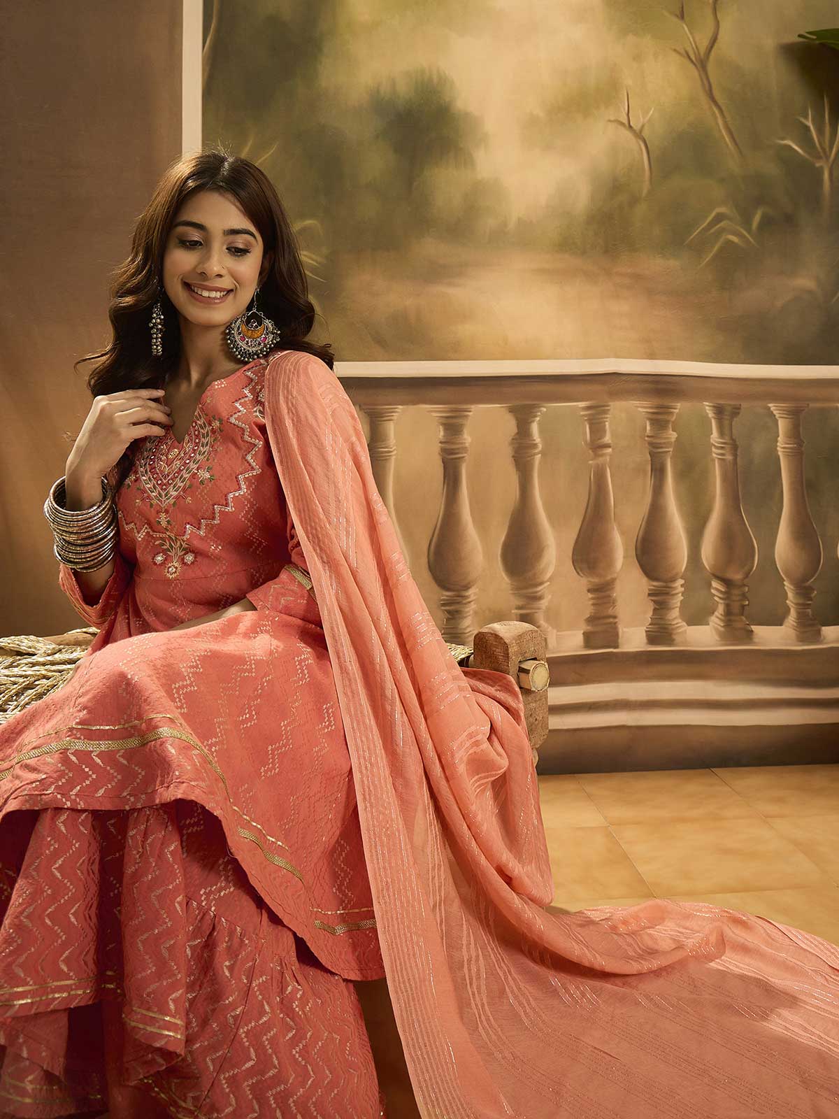 Women Ethnic Motifs Embroidered Cotton Kurta with Sharara & Dupatta