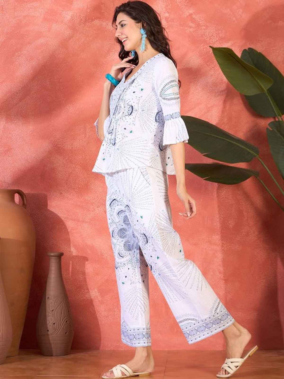 Printed V-Neck Pure Cotton Tunic & Trouser