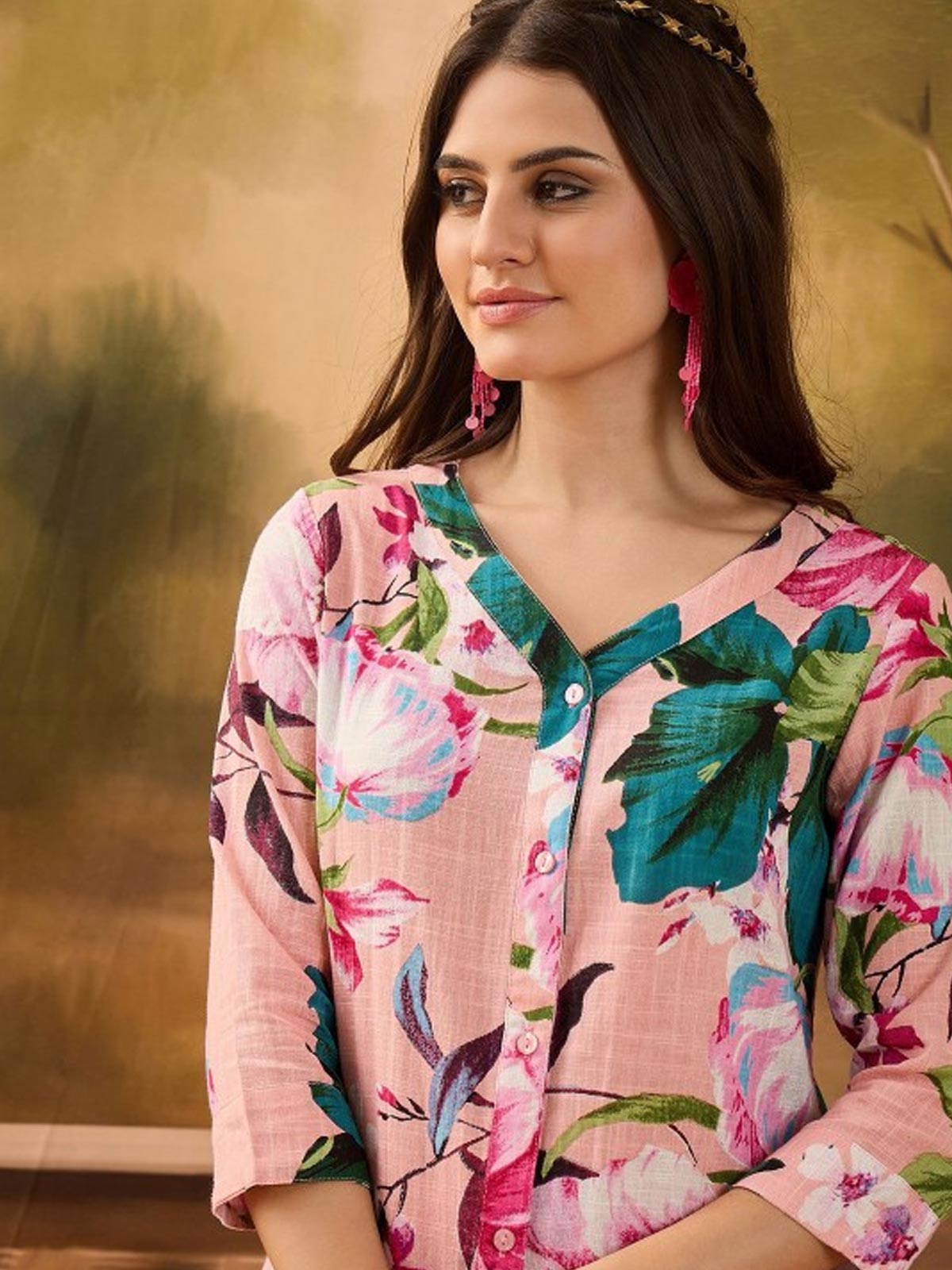 Floral Printed V Neck Pure Cotton Top & Trousers