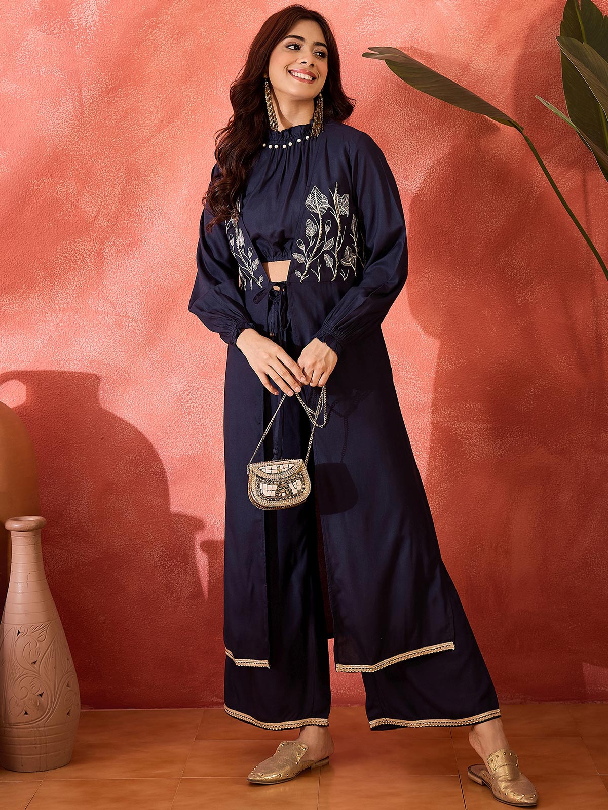 Embroidered Shrug Crop Top With Trousers Co-Ords
