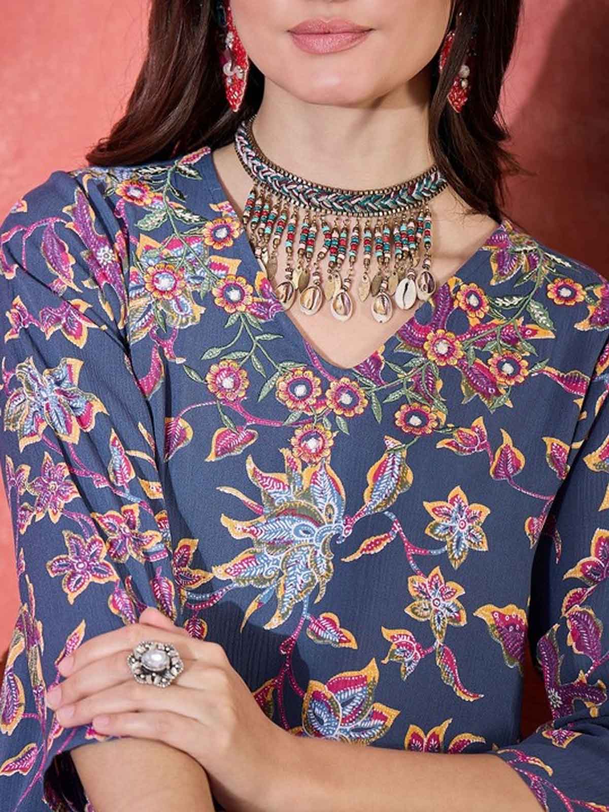 Floral Printed V-Neck Tunic & Trousers