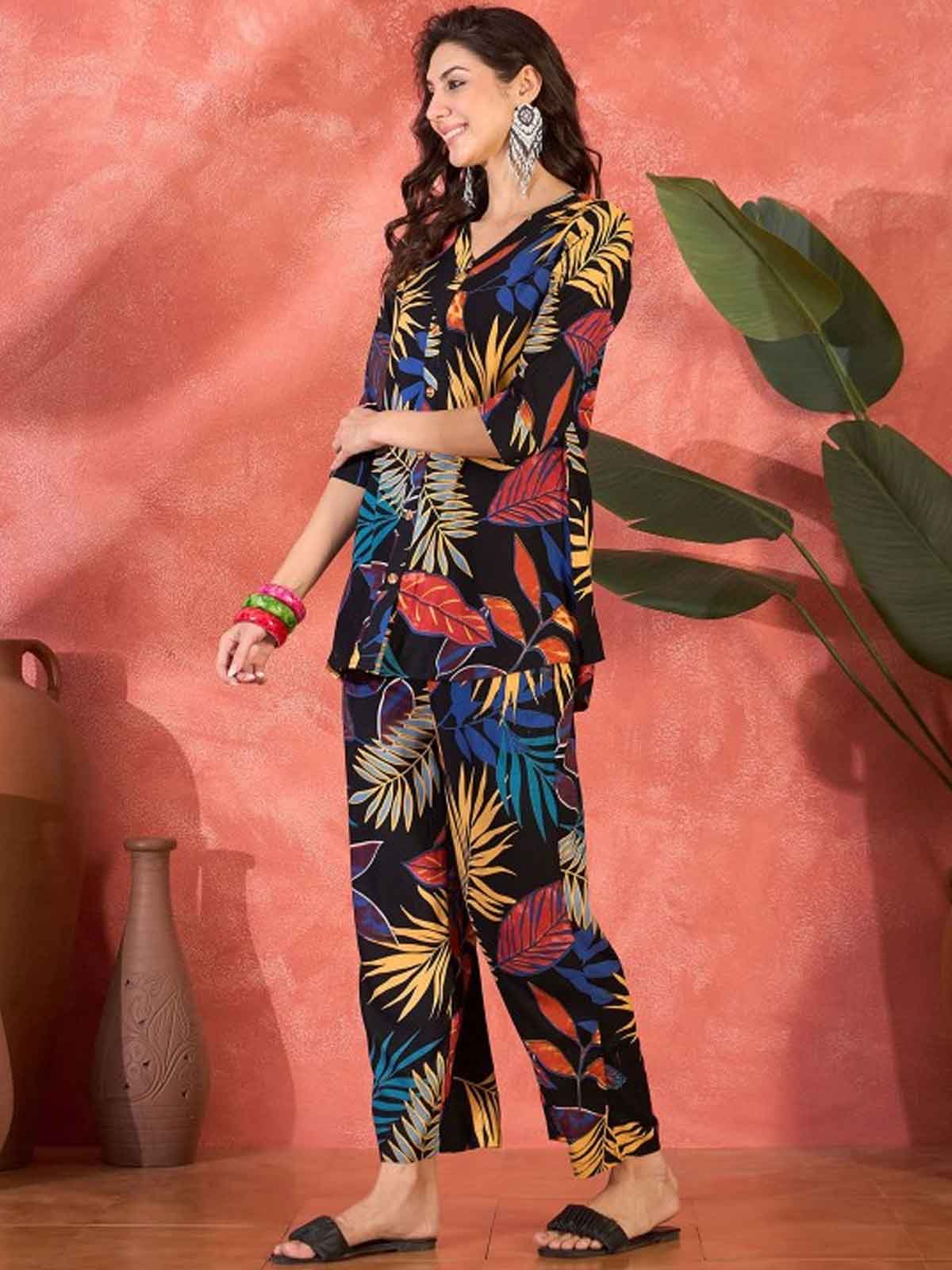 Floral Printed V-Neck Tunic & Trouser