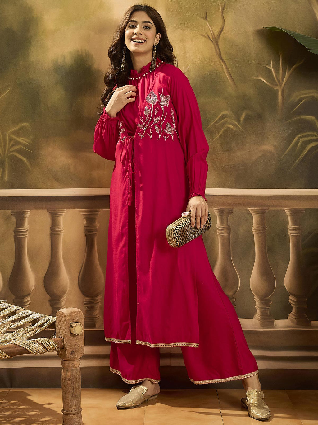 Embroidered Shrug Crop Top With Palazzos Co-Ords