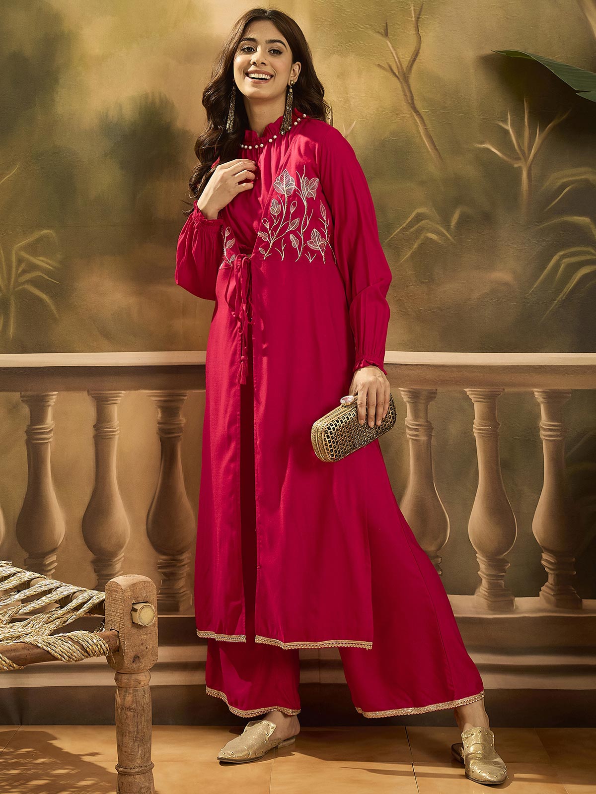 Embroidered Shrug Crop Top With Palazzos Co-Ords