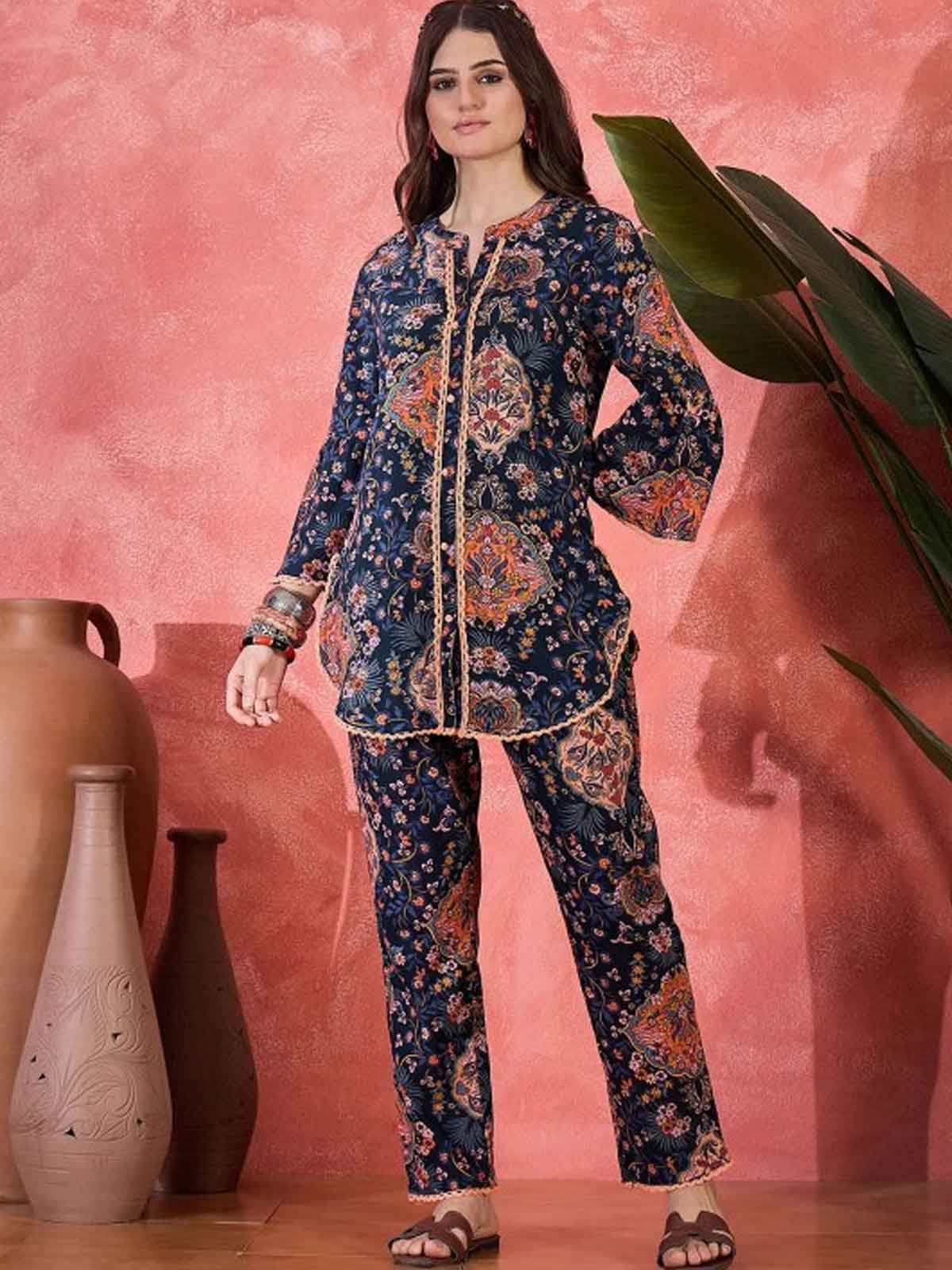 Floral Printed Mandarin Collar Pure Cotton Tunic & Trouser