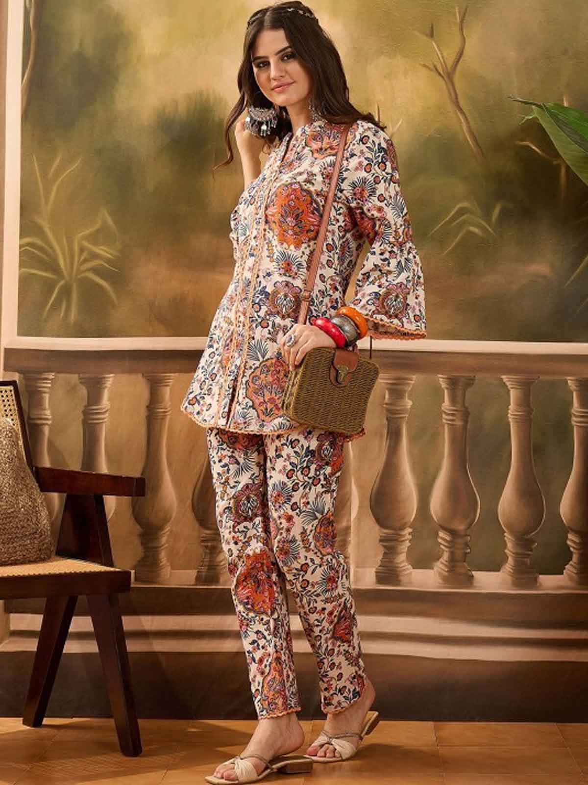 Floral Printed Mandarin Collar Pure Cotton Tunic & Trouser