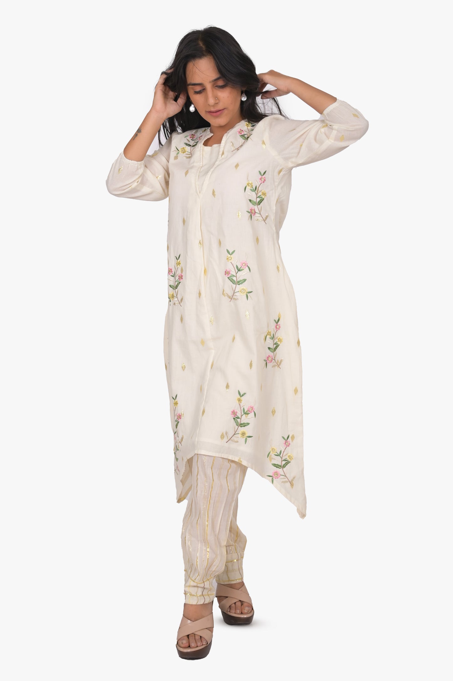 Lurex Cotton Kurta Pant Set, White, 100% Cotton