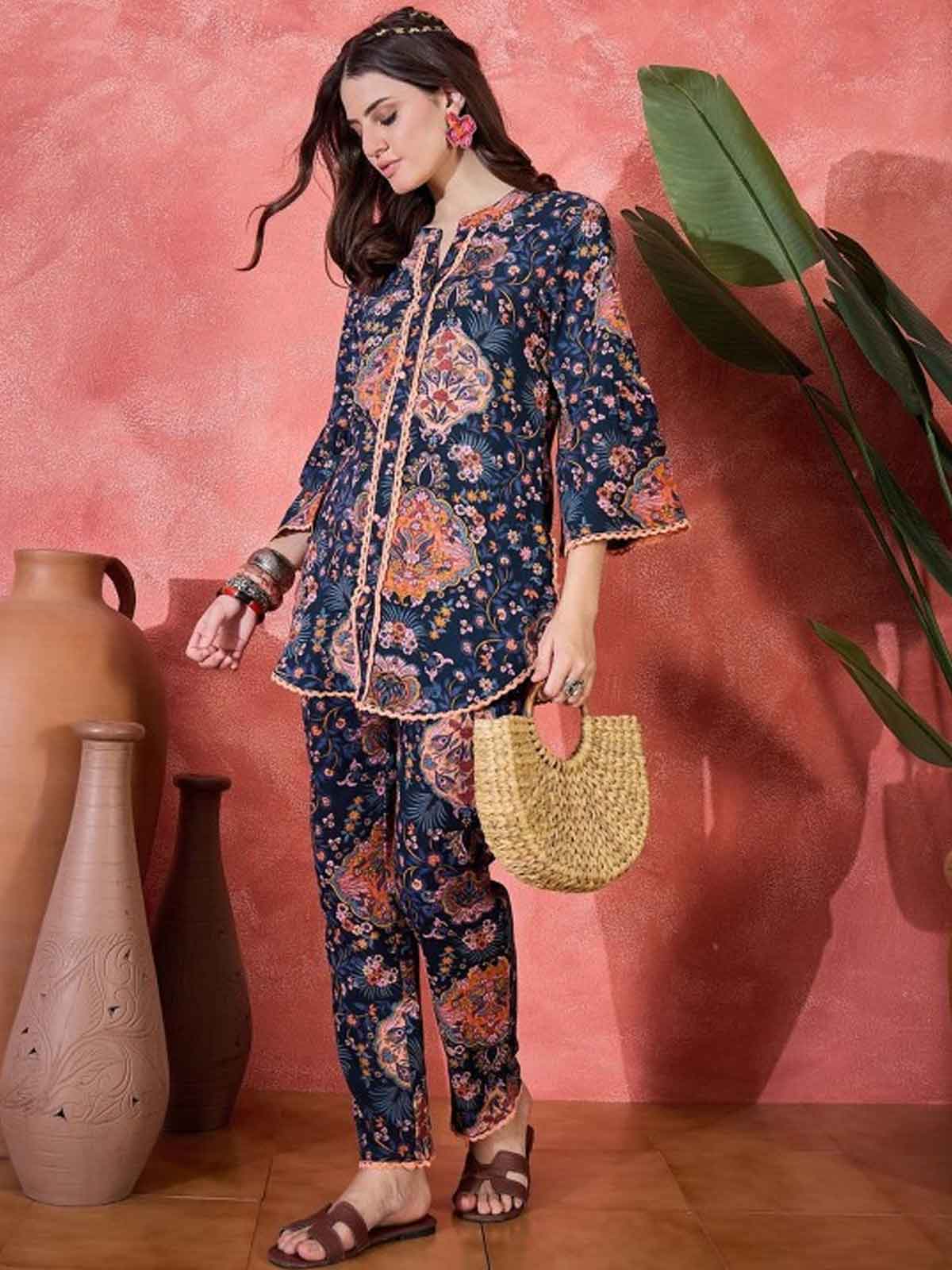 Floral Printed Mandarin Collar Pure Cotton Tunic & Trouser