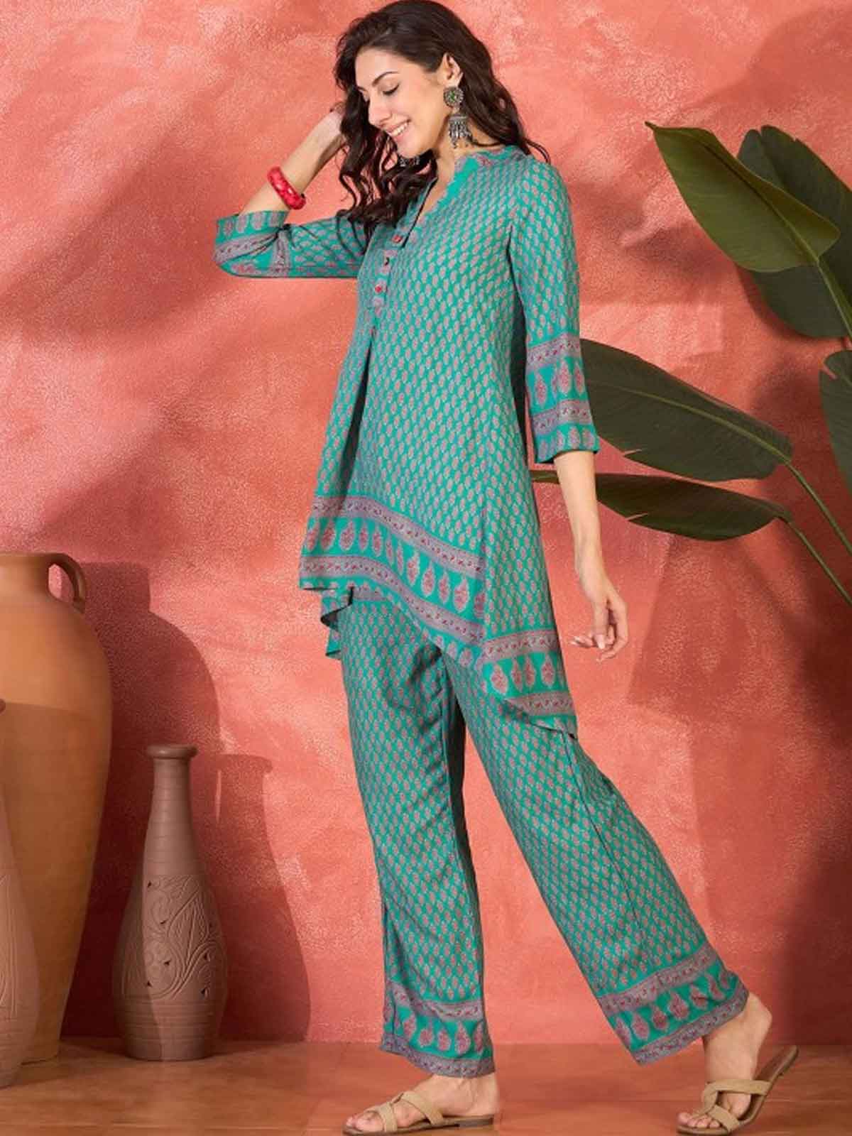 Floral Printed Mandarin Collar Tunic & Trouser