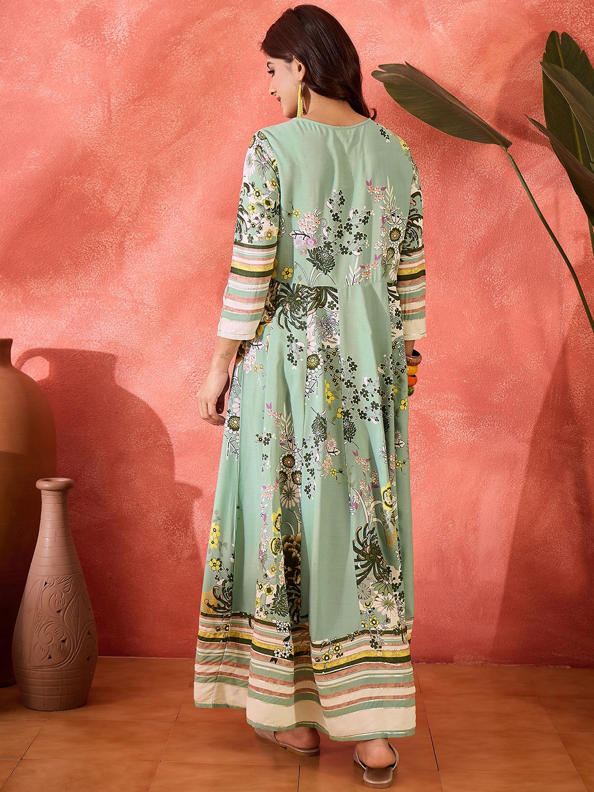 Women Printed Cotton Tie-Up Neck Maxi Dress