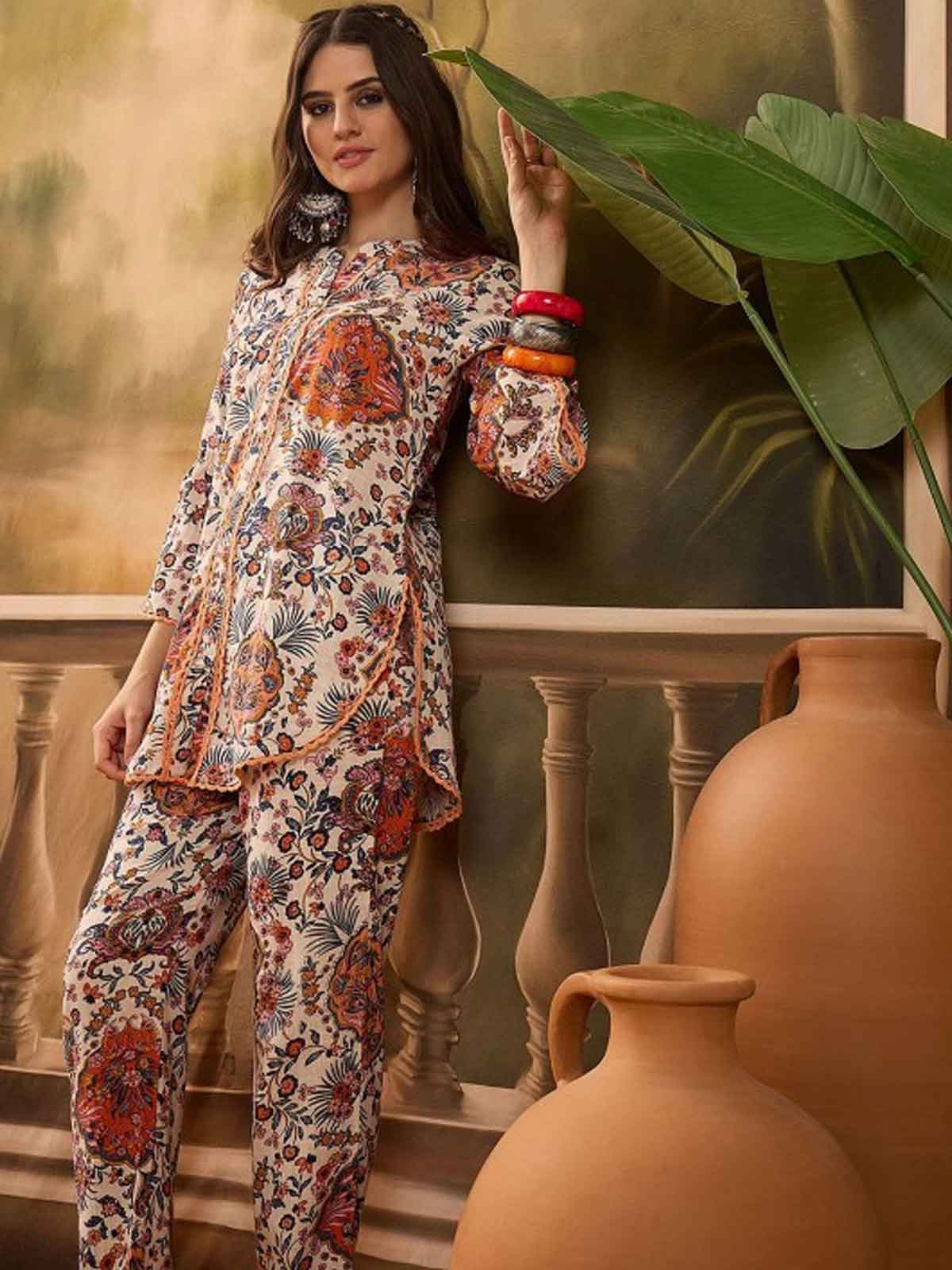 Floral Printed Mandarin Collar Pure Cotton Tunic & Trouser