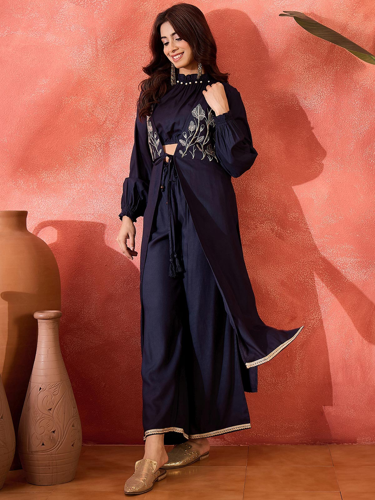 Embroidered Shrug Crop Top With Trousers Co-Ords