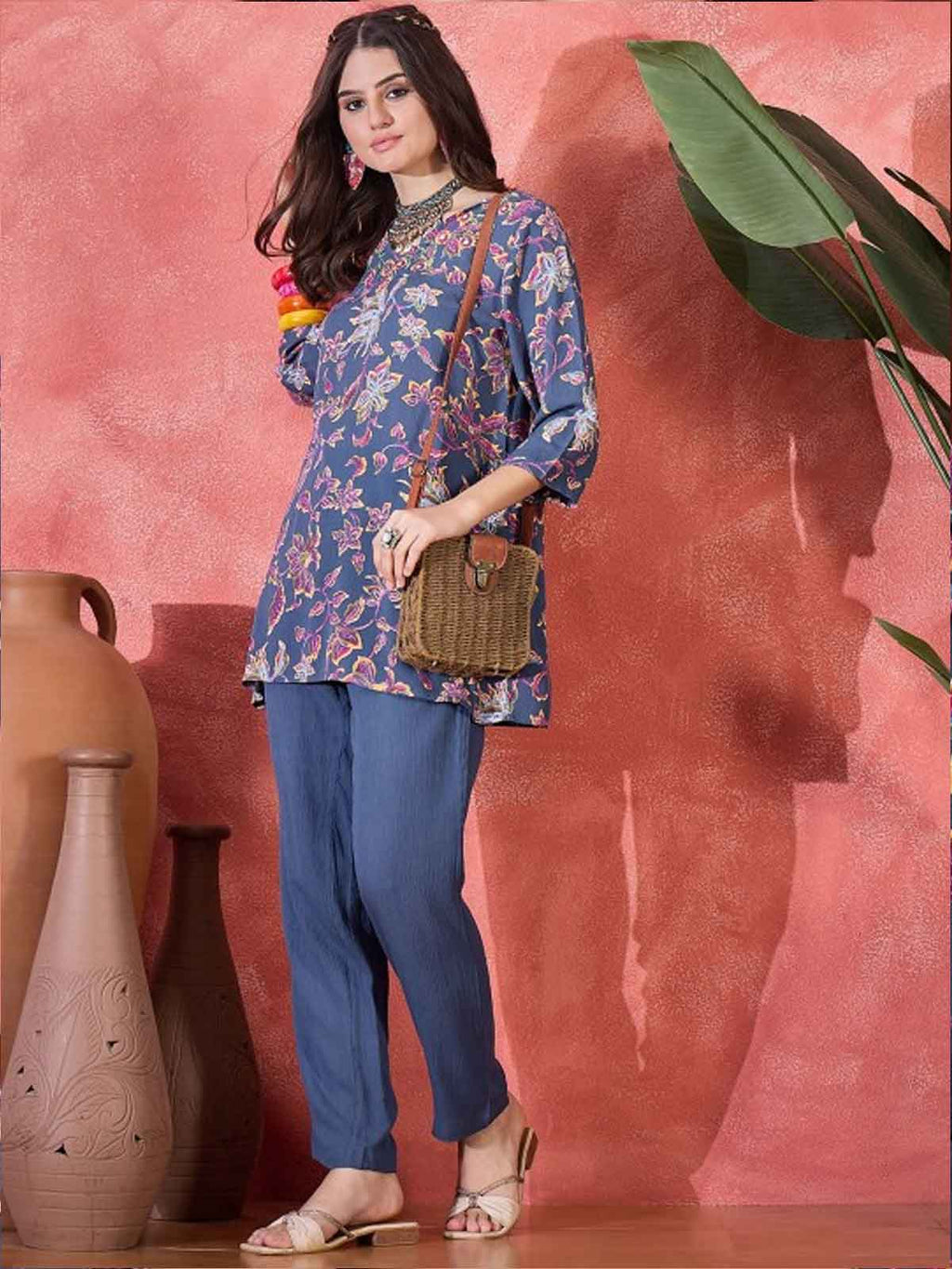 Floral Printed V-Neck Tunic & Trousers