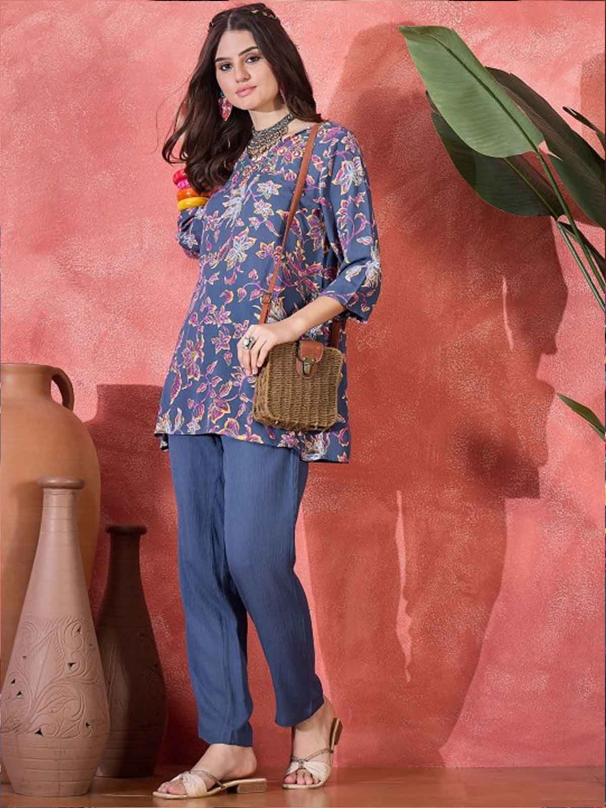 Floral Printed V-Neck Tunic & Trousers