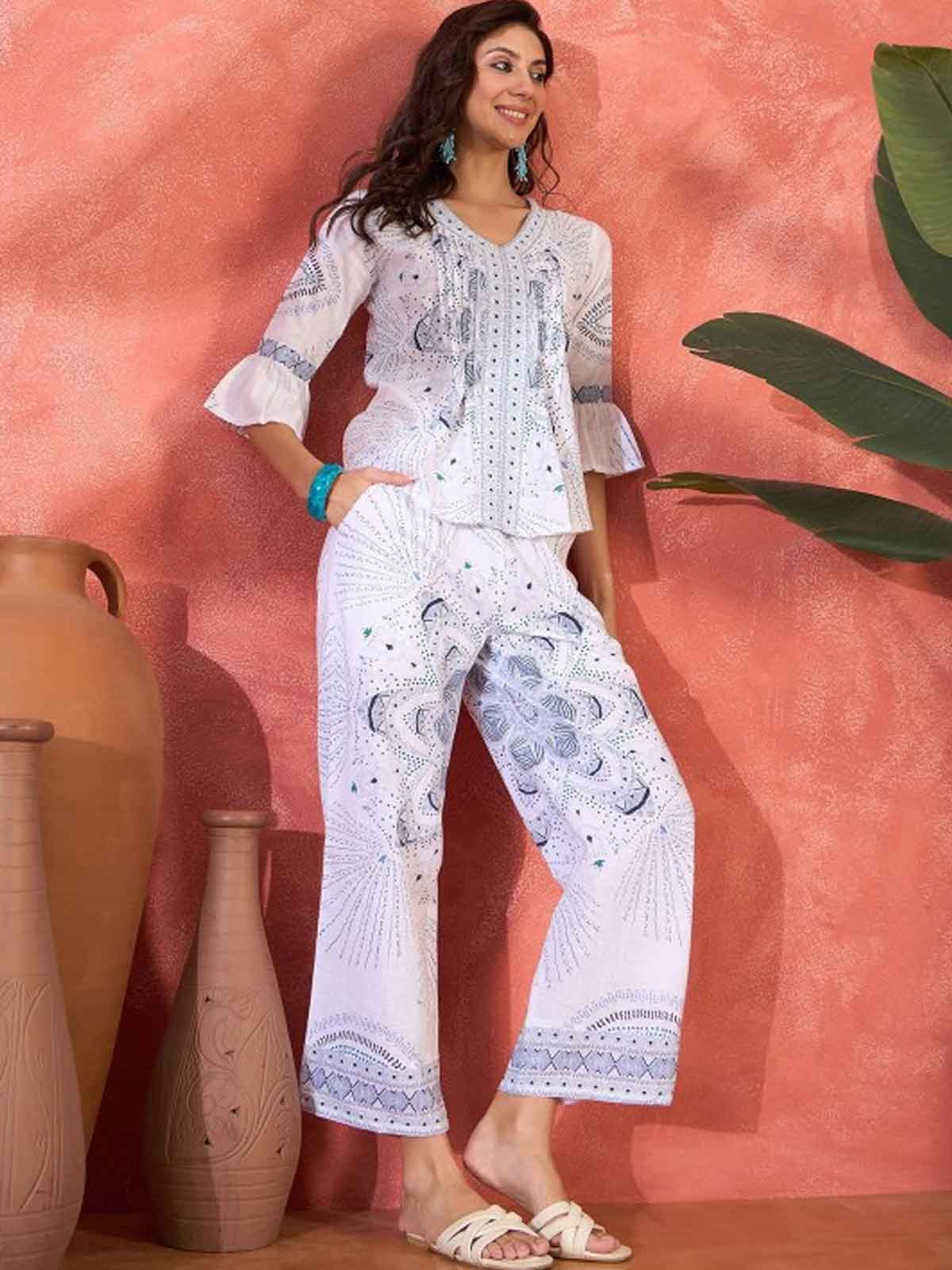 Printed V-Neck Pure Cotton Tunic & Trouser