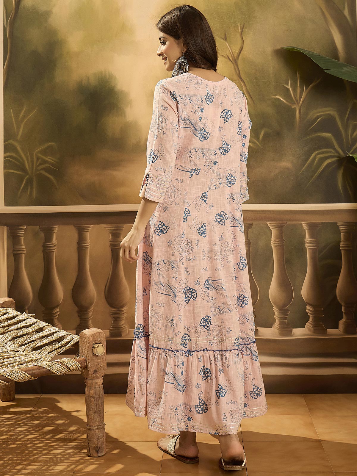 Women Floral Print Slit Sleeve Ruffled A-Line Dress
