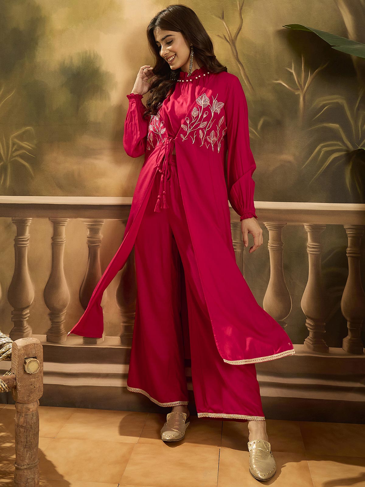 Embroidered Shrug Crop Top With Palazzos Co-Ords