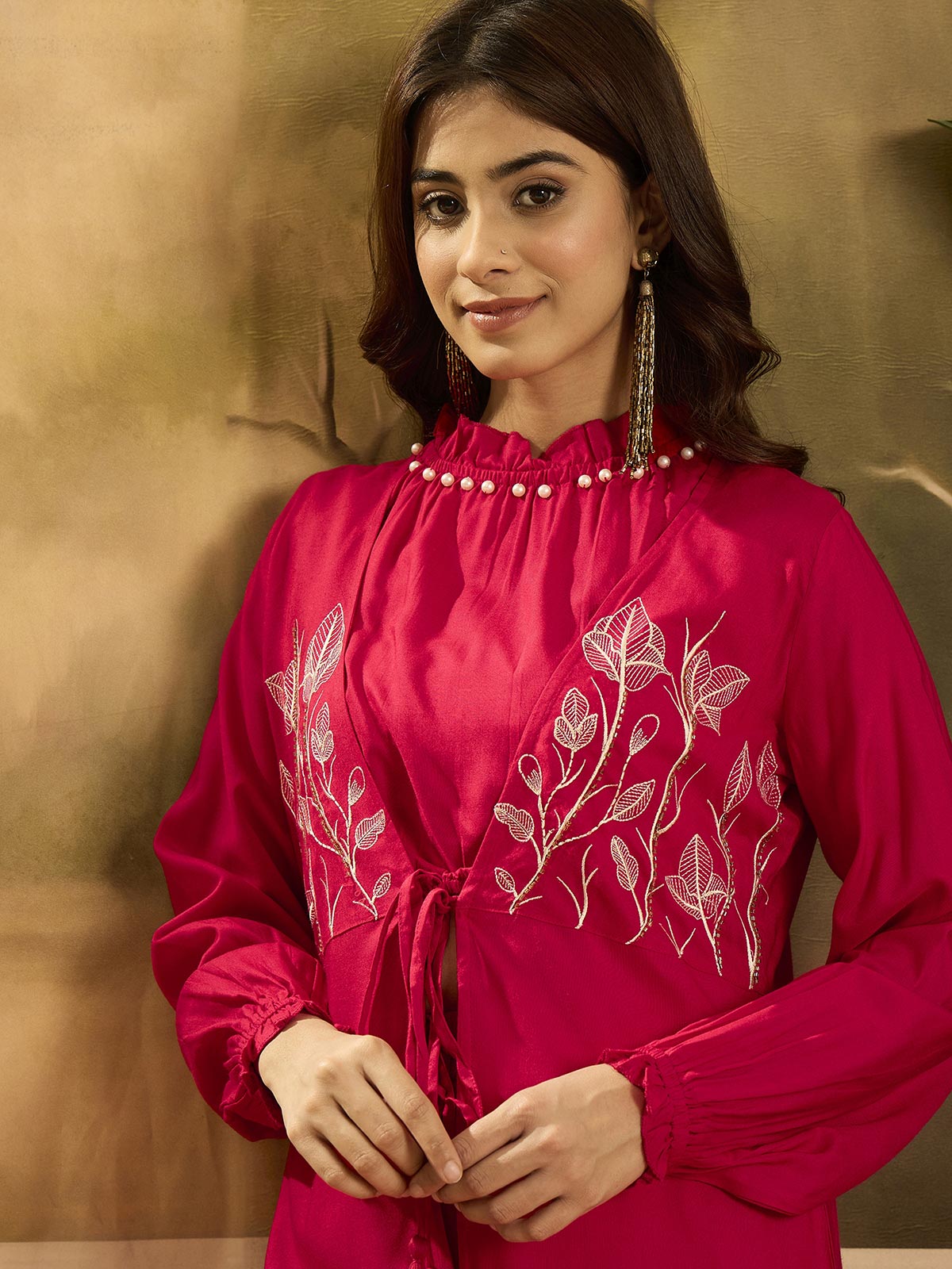 Embroidered Shrug Crop Top With Palazzos Co-Ords