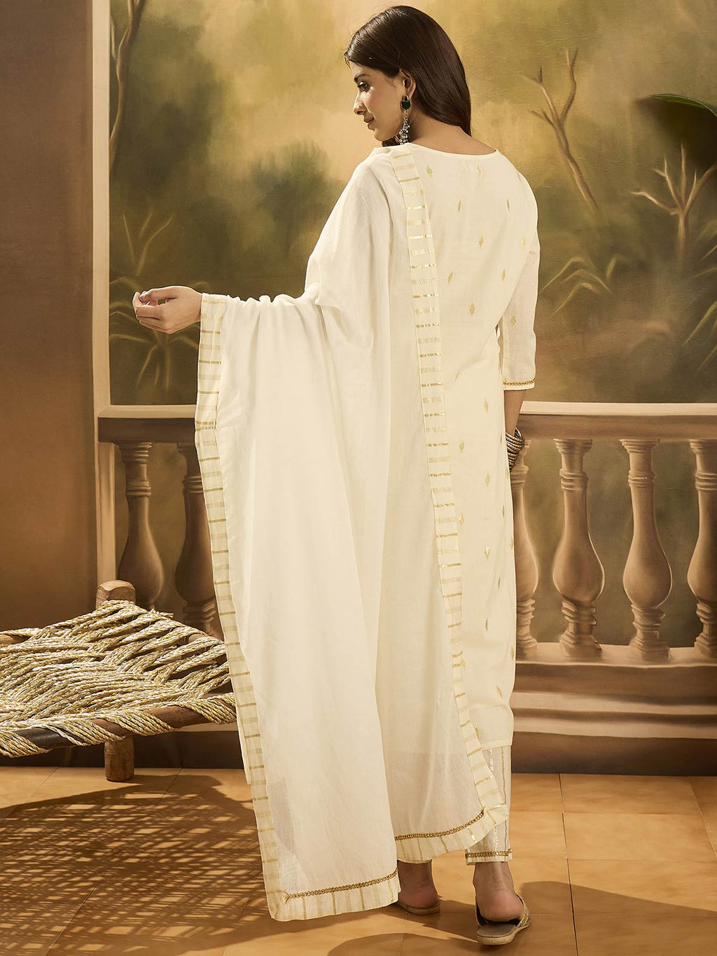 Women Solid Embroidered Cotton Kurta with Trousers & Dupatta