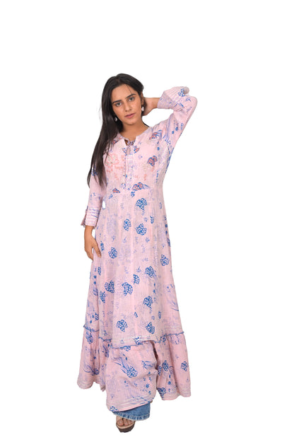 Floral Print Cotton Anarkali Kurta, Peach