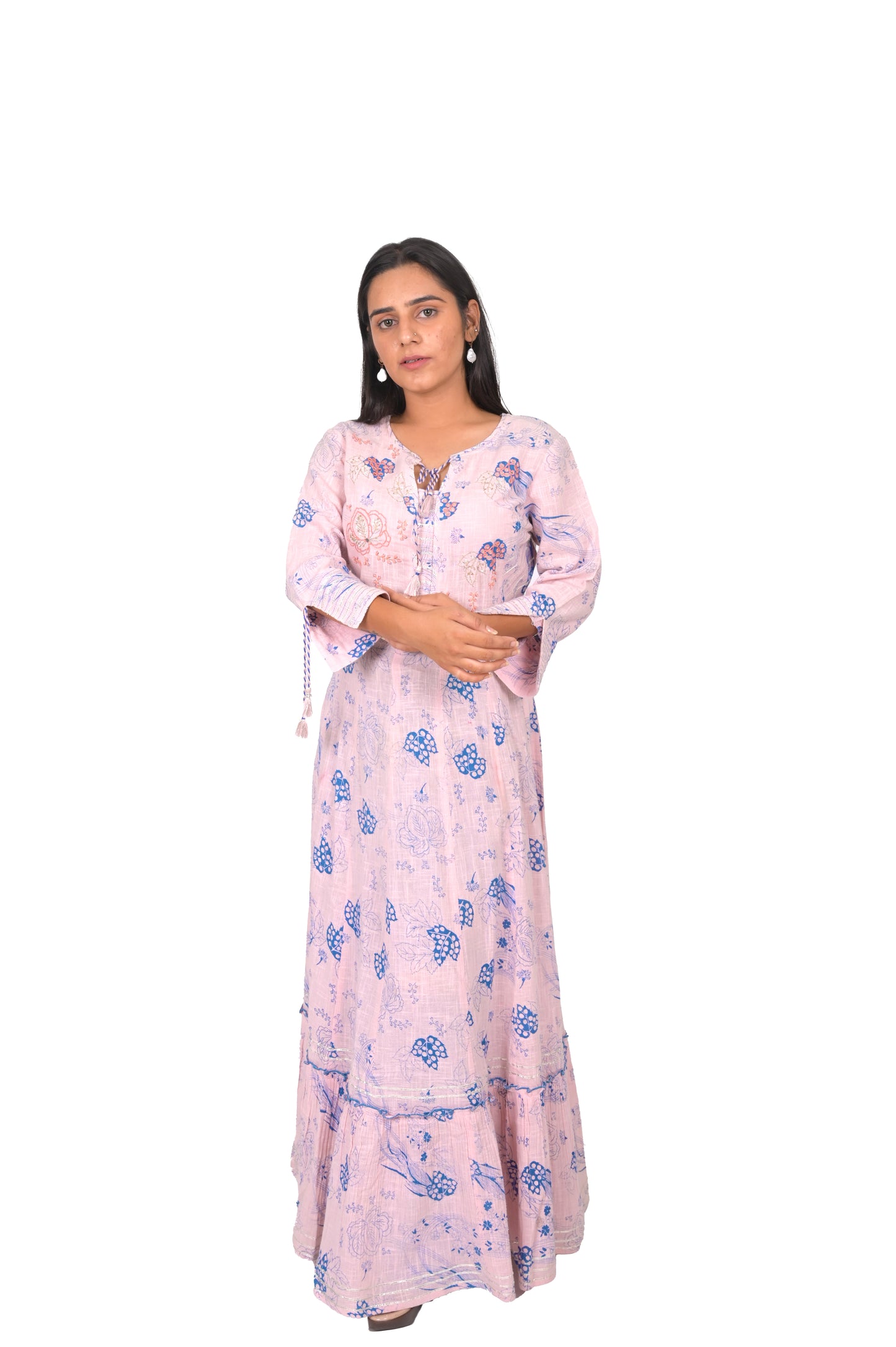 Floral Print Cotton Anarkali Kurta, Peach