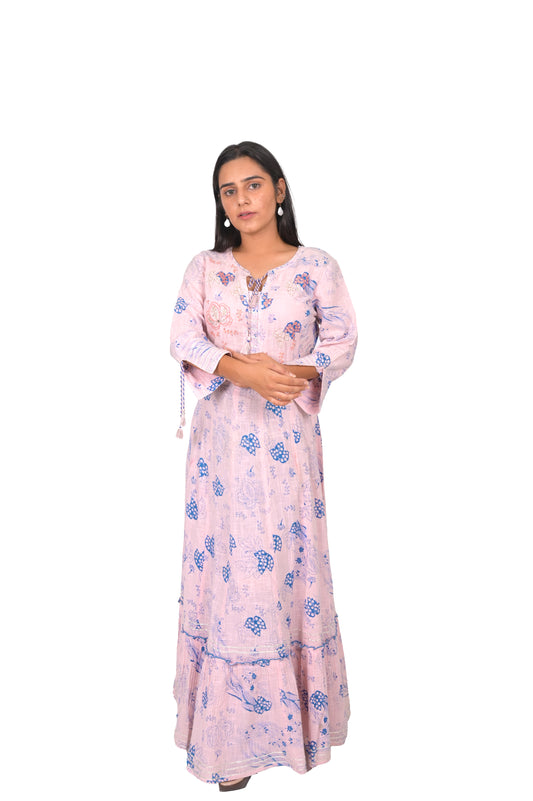 Floral Print Cotton Anarkali Kurta, Peach