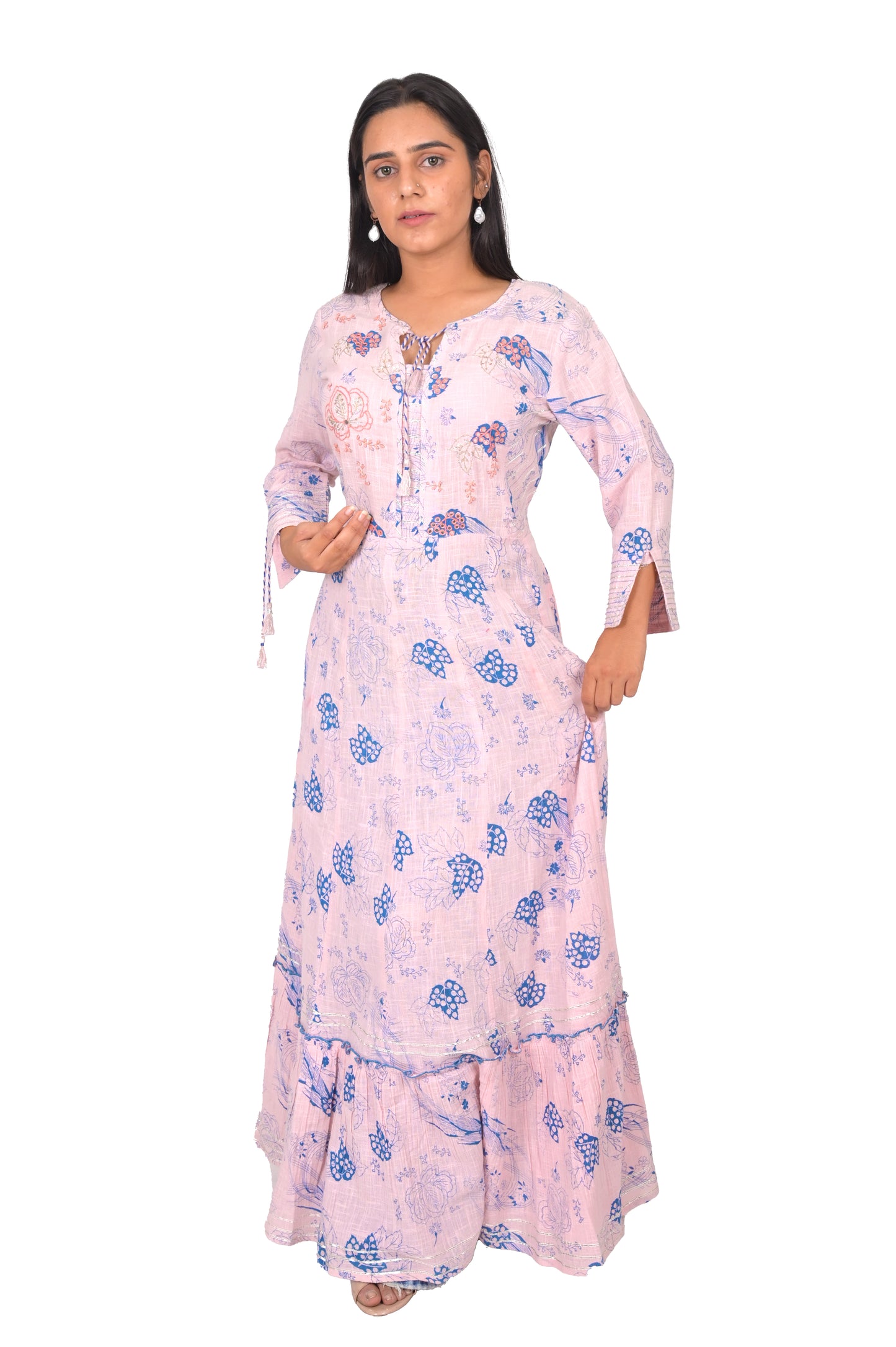 Floral Print Cotton Anarkali Kurta, Peach