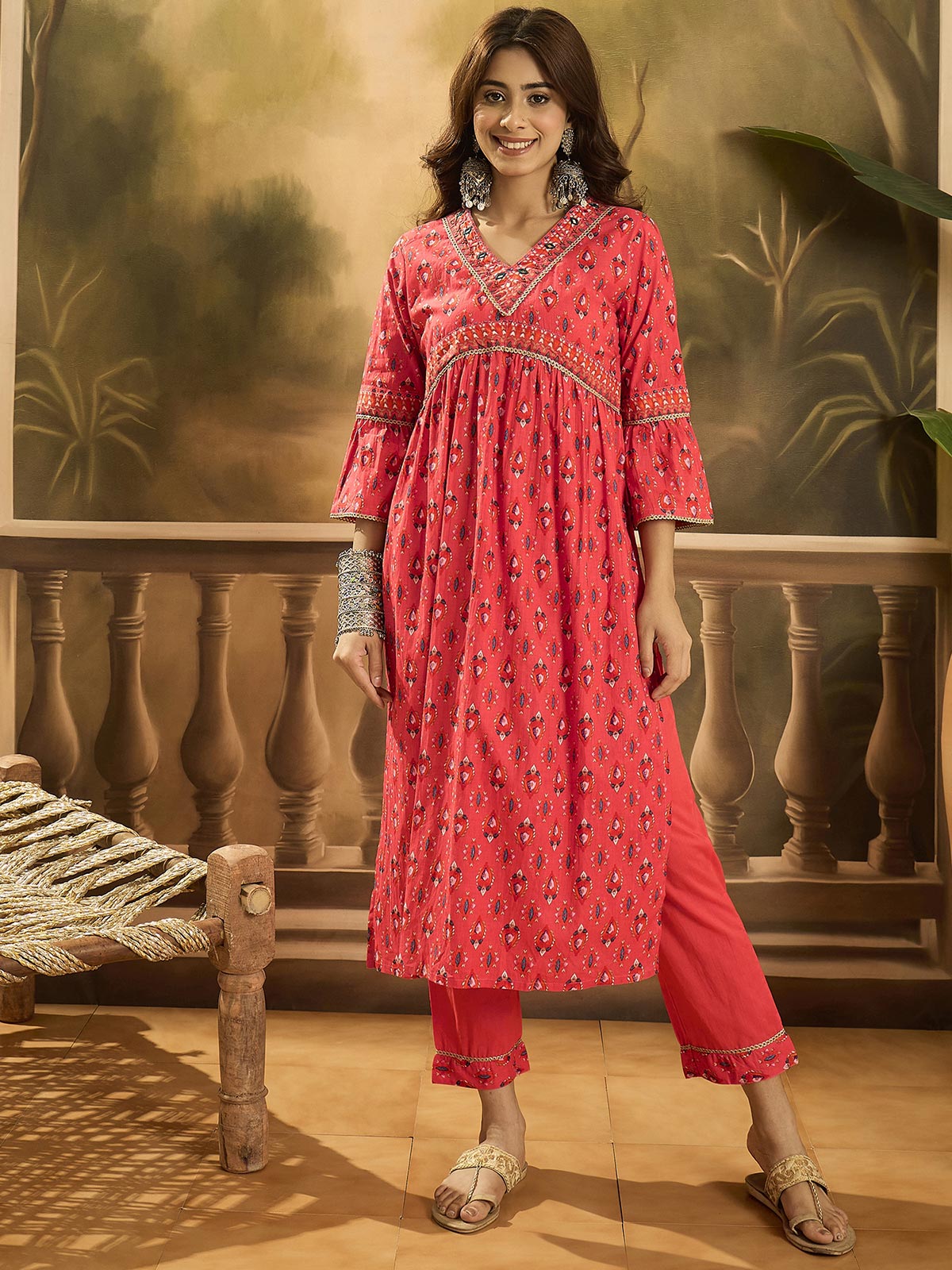 Women Ethnic Motifs Printed Cotton Kurta with Trousers & Dupatta