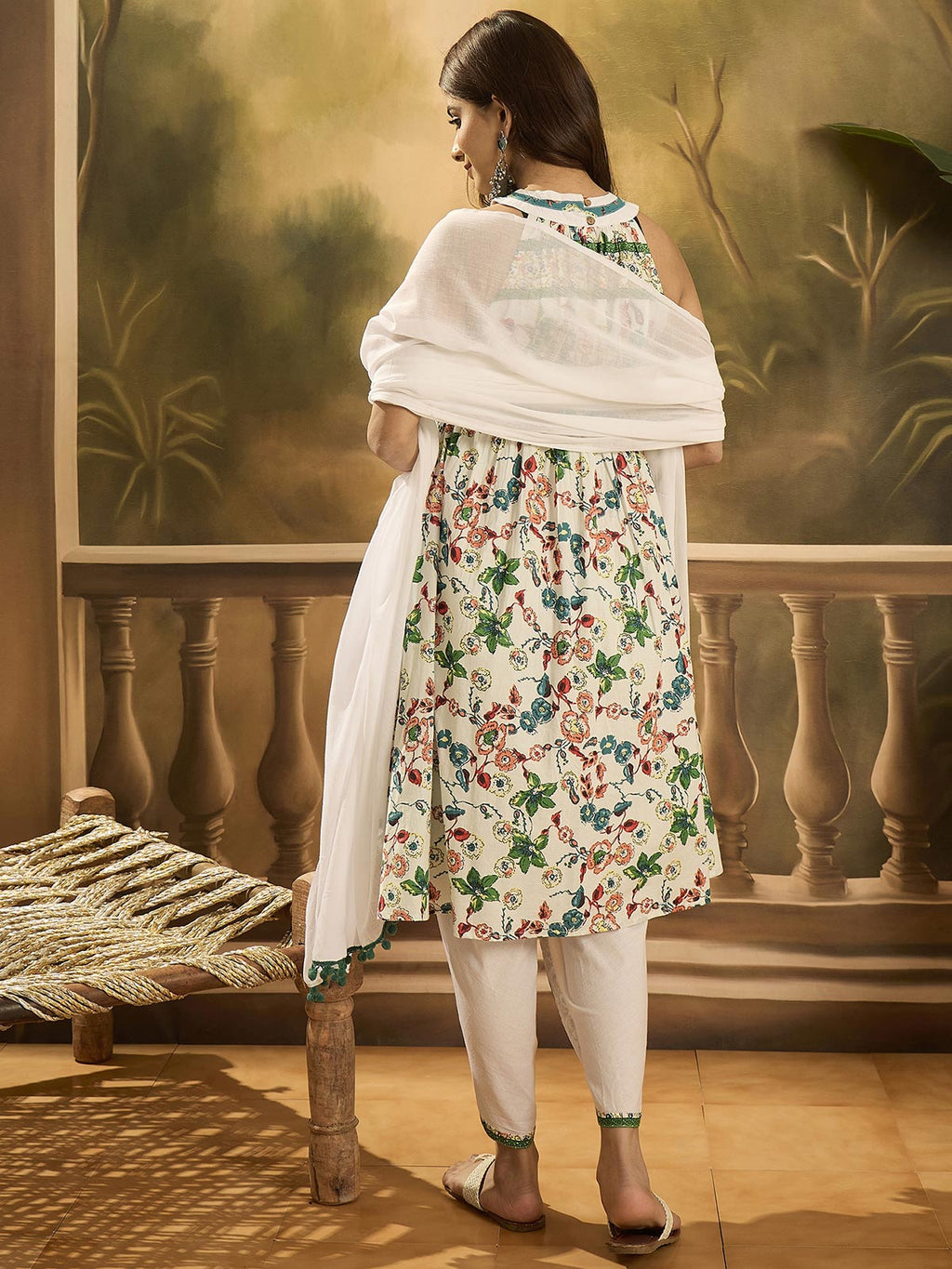 Women Floral Printed Cotton Kurta with Dhoti Pant & Dupatta